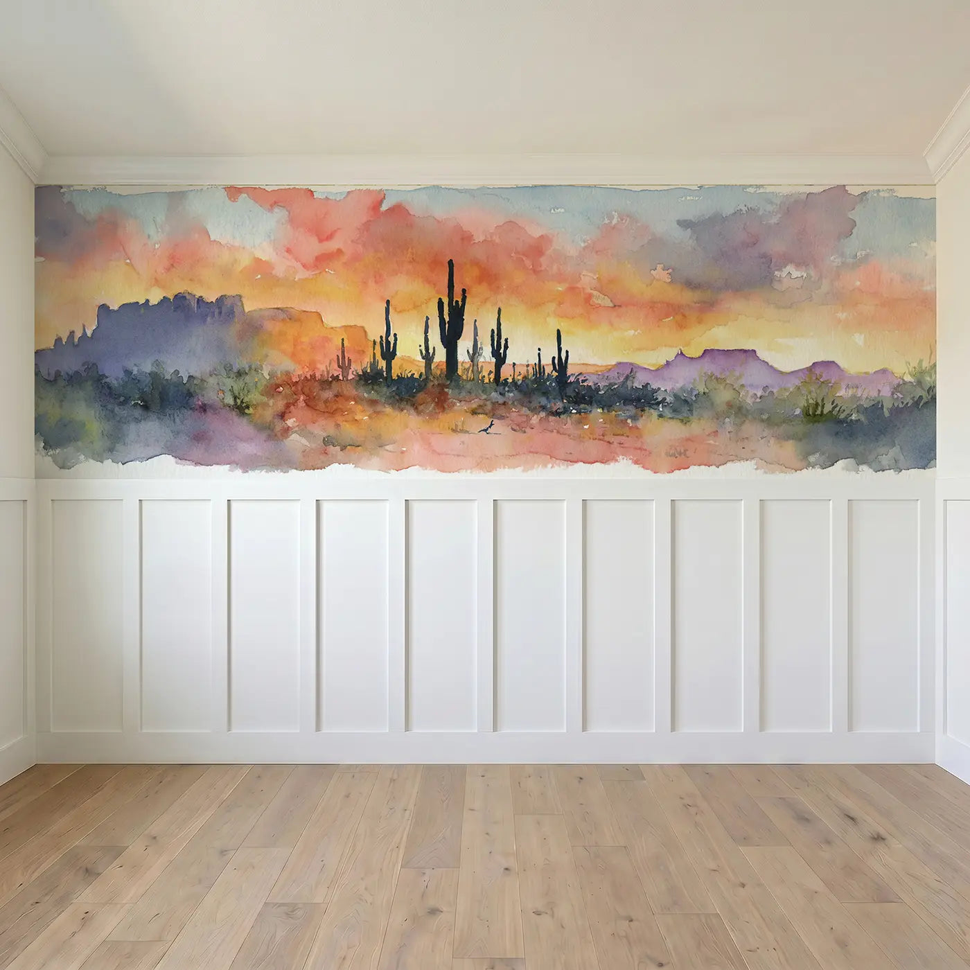 Full panel view of Desert Sunset Cactus Glow Wainscoting Wallpaper by Whimsy Tots