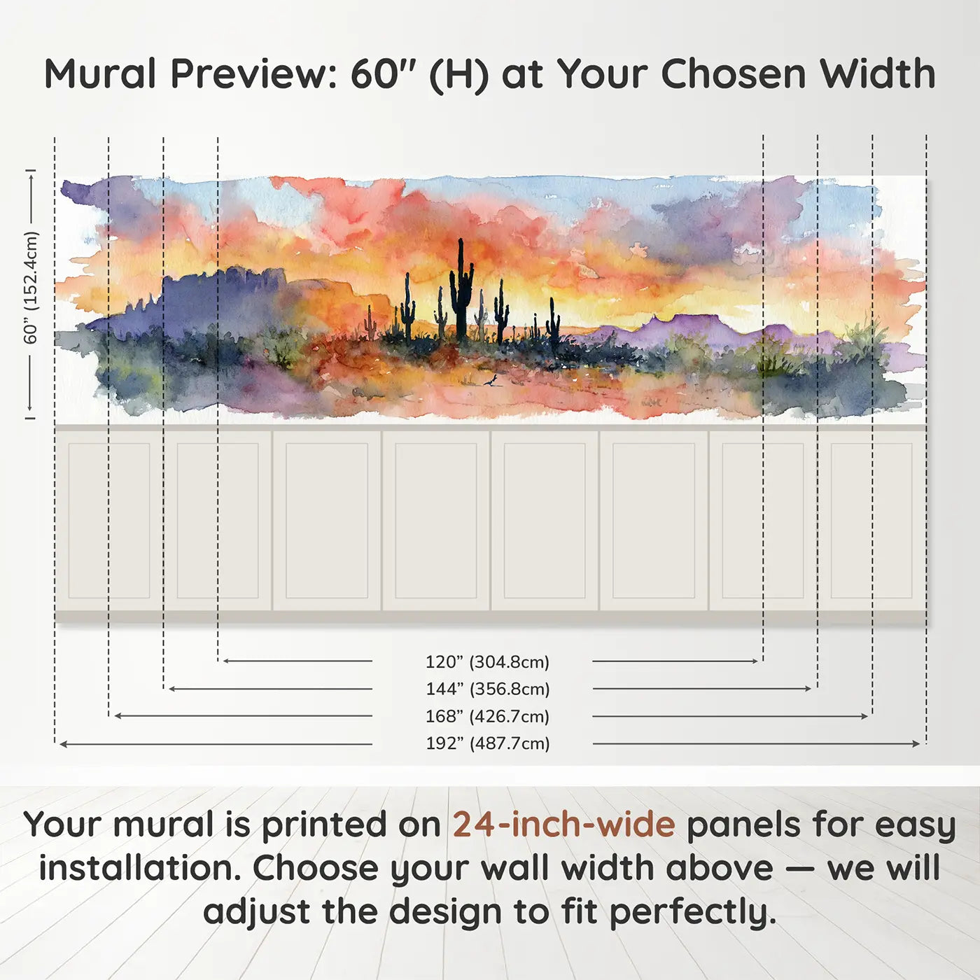 Panel dimensions for Desert Sunset Cactus Glow Wainscoting Wallpaper by Whimsy Tots