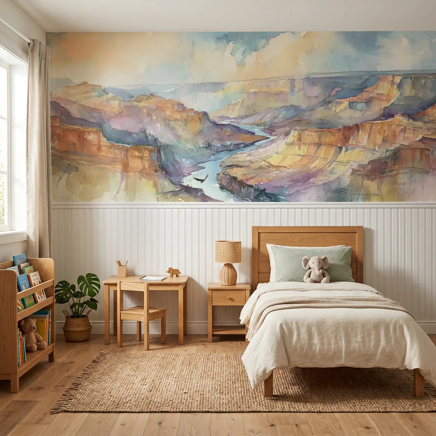 Watercolor canyon river valley view wainscoting wallpaper for bedroom by Whimsy Tots