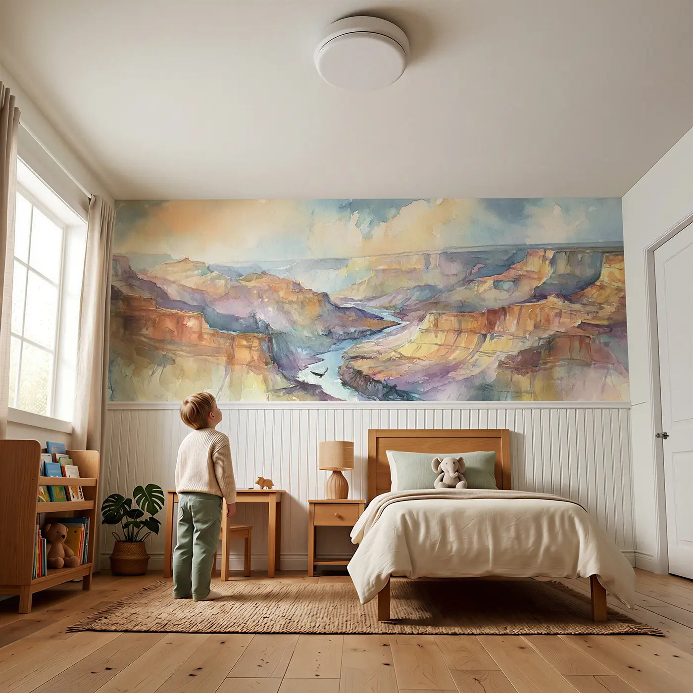 Child reading near Canyon River Valley View Wainscoting Wallpaper by Whimsy Tots