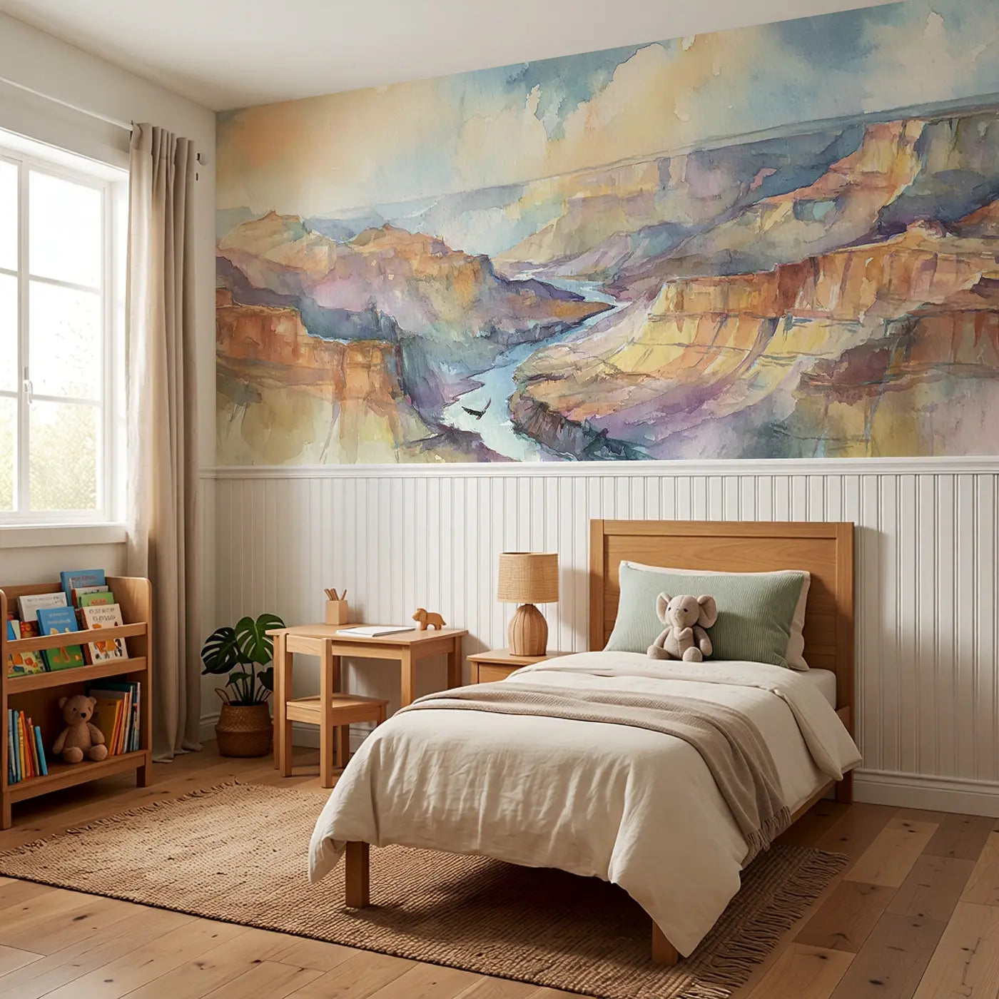 Canyon River Valley View Wainscoting Wallpaper styled in a kids bedroom by Whimsy Tots