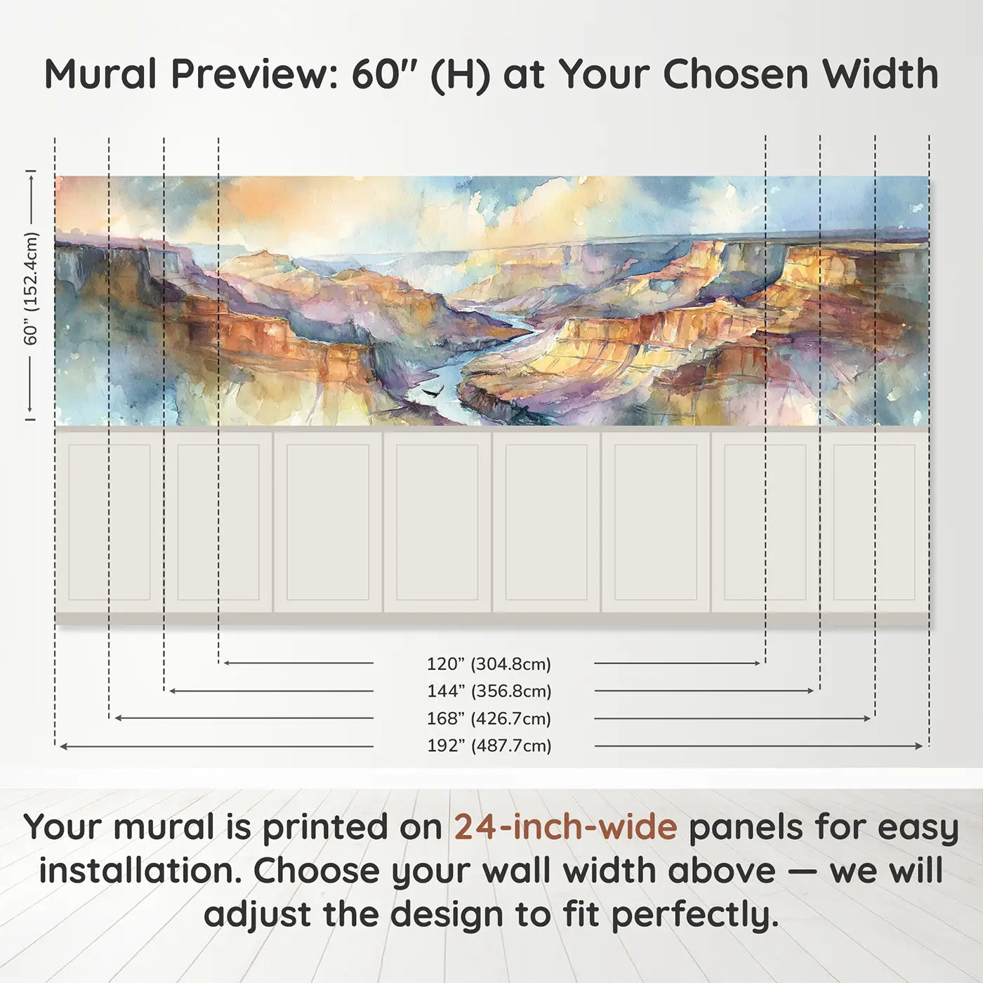 Panel dimensions for Canyon River Valley View Wainscoting Wallpaper by Whimsy Tots