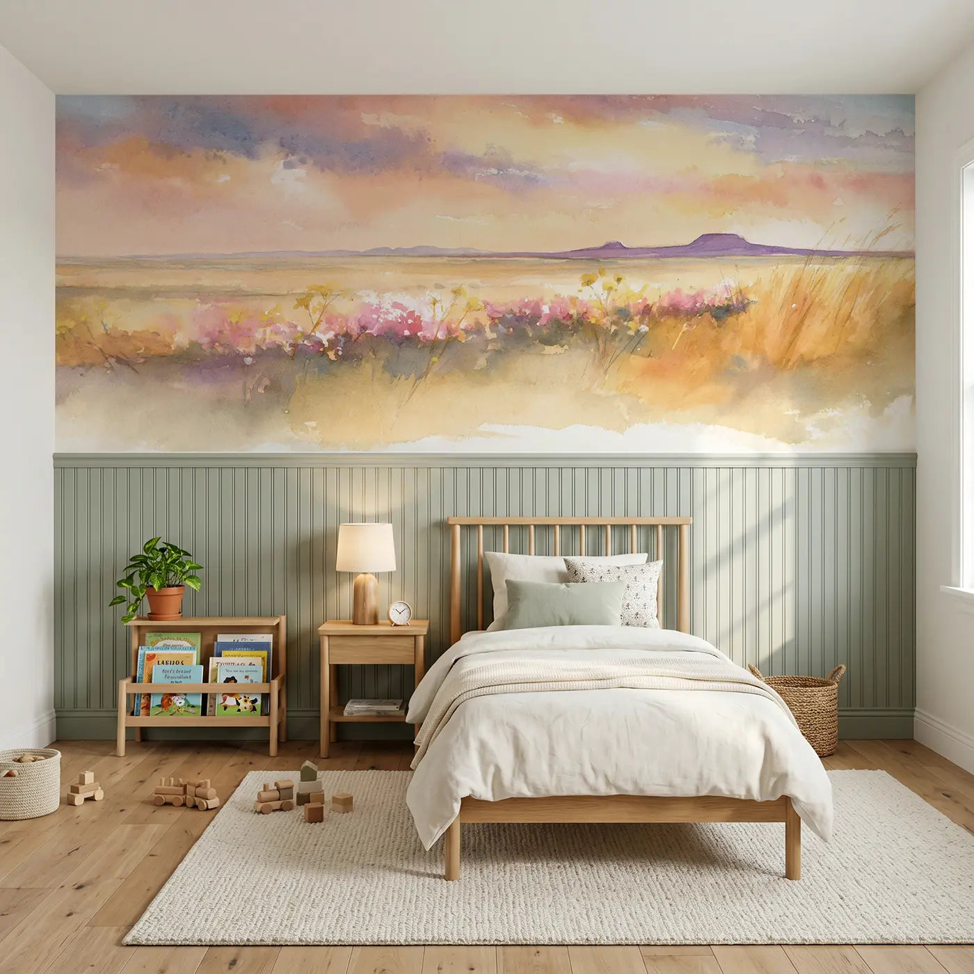 Watercolor prairie wildflower sunset wide wainscoting wallpaper for bedroom by Whimsy Tots