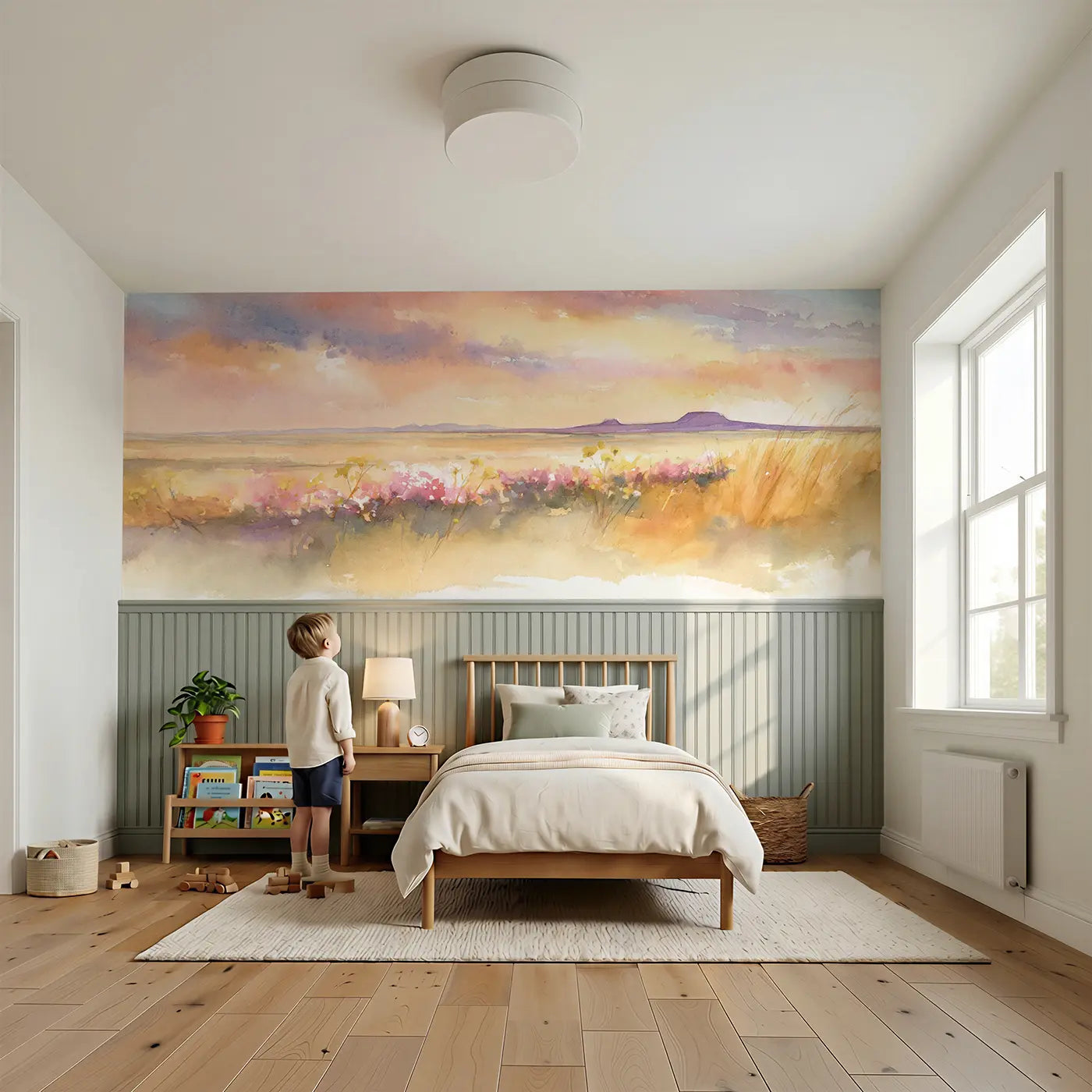 Child reading near Prairie Wildflower Sunset Wide Wainscoting Wallpaper by Whimsy Tots