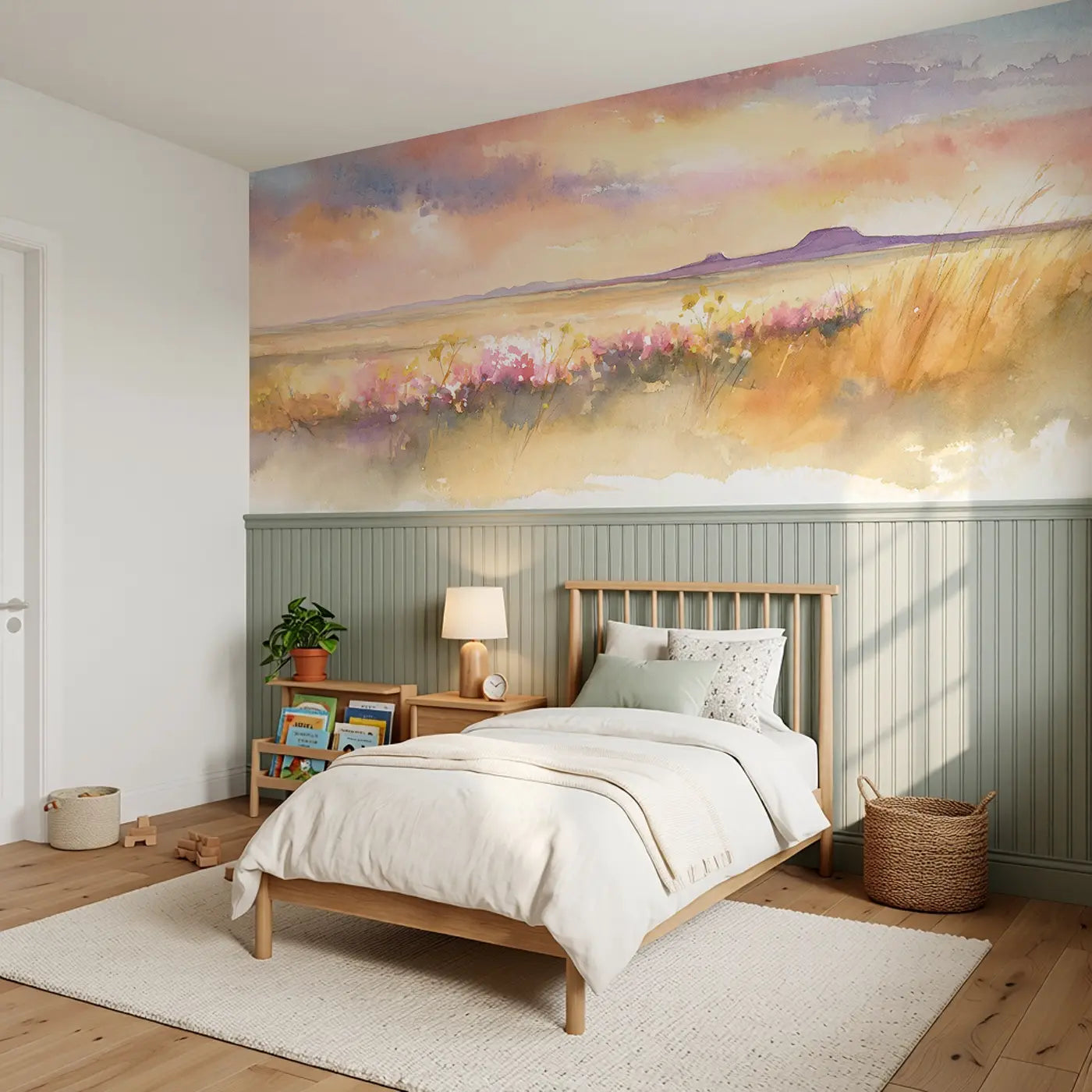 Prairie Wildflower Sunset Wide Wainscoting Wallpaper styled in a kids bedroom by Whimsy Tots