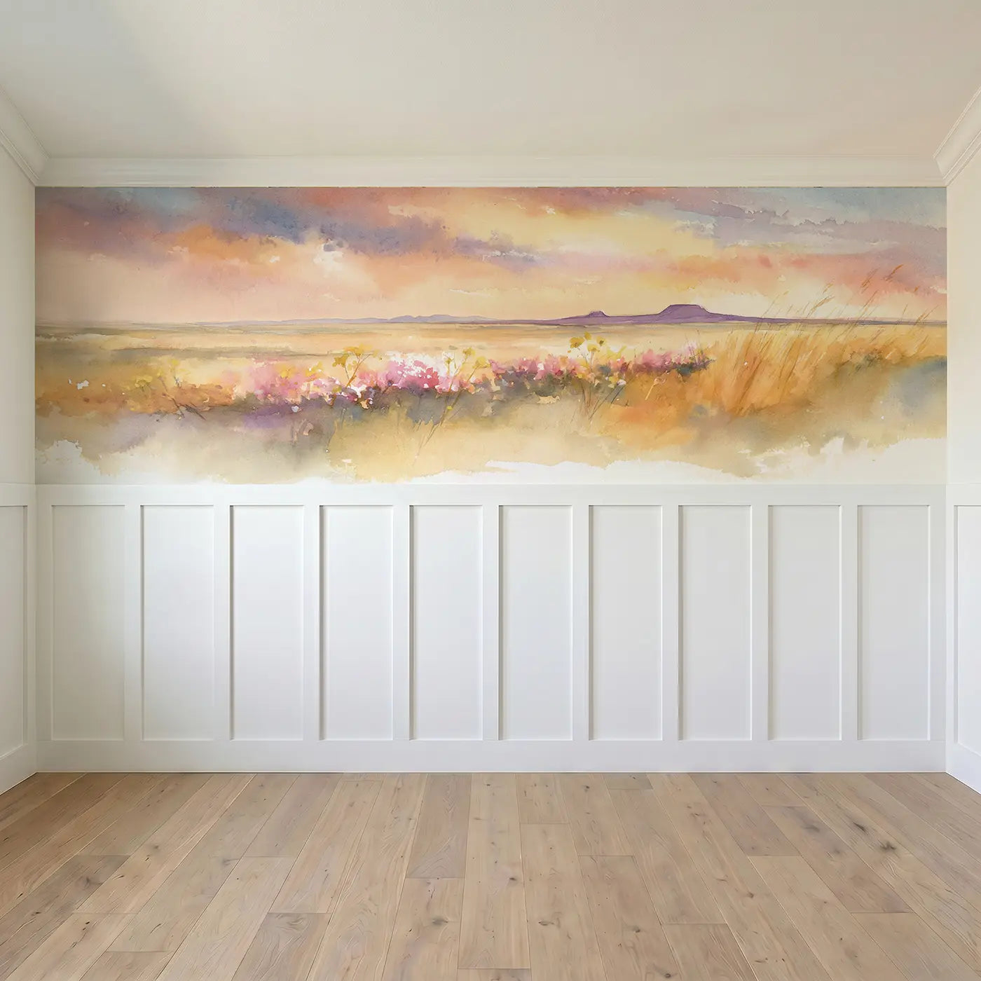 Full panel view of Prairie Wildflower Sunset Wide Wainscoting Wallpaper by Whimsy Tots