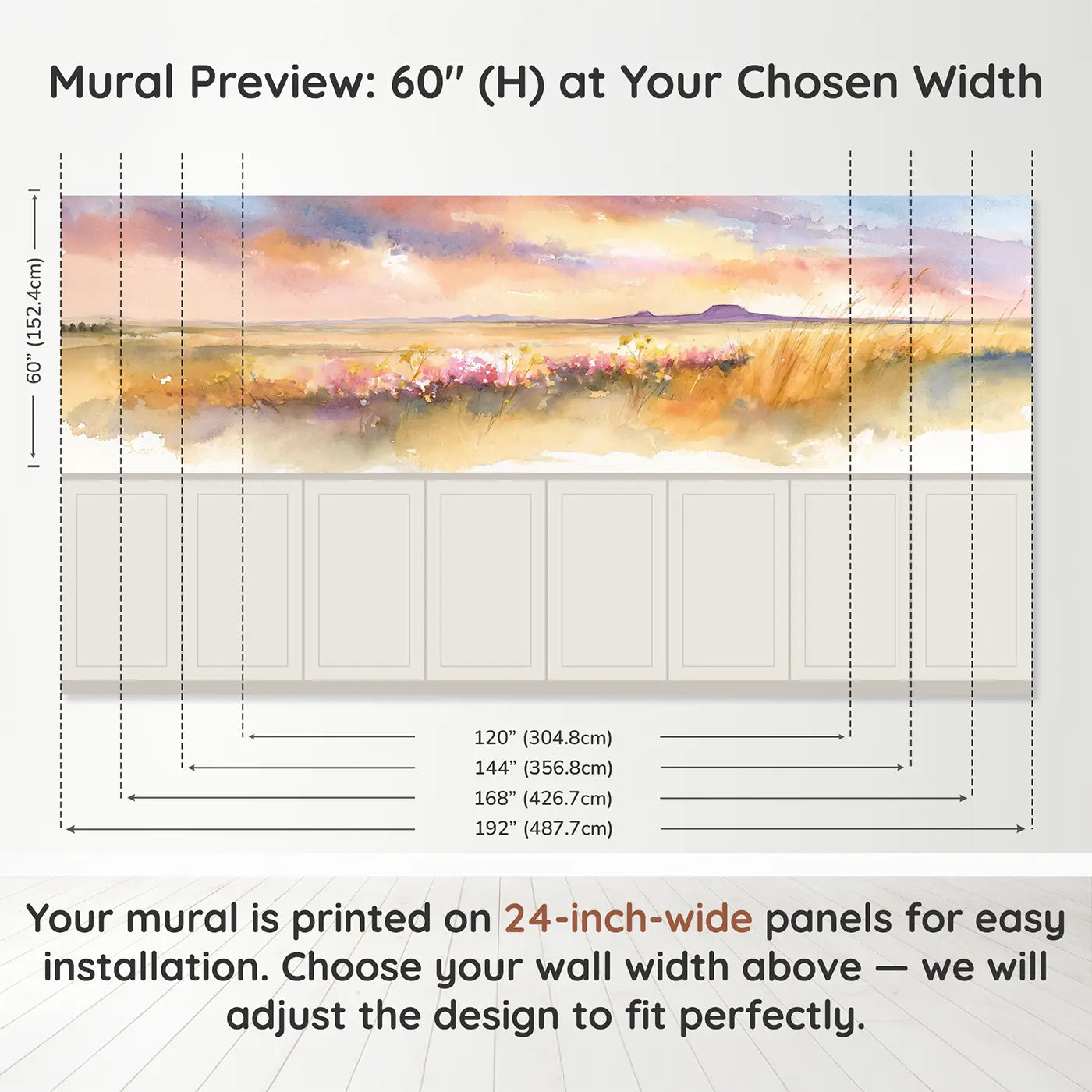 Panel dimensions for Prairie Wildflower Sunset Wide Wainscoting Wallpaper by Whimsy Tots