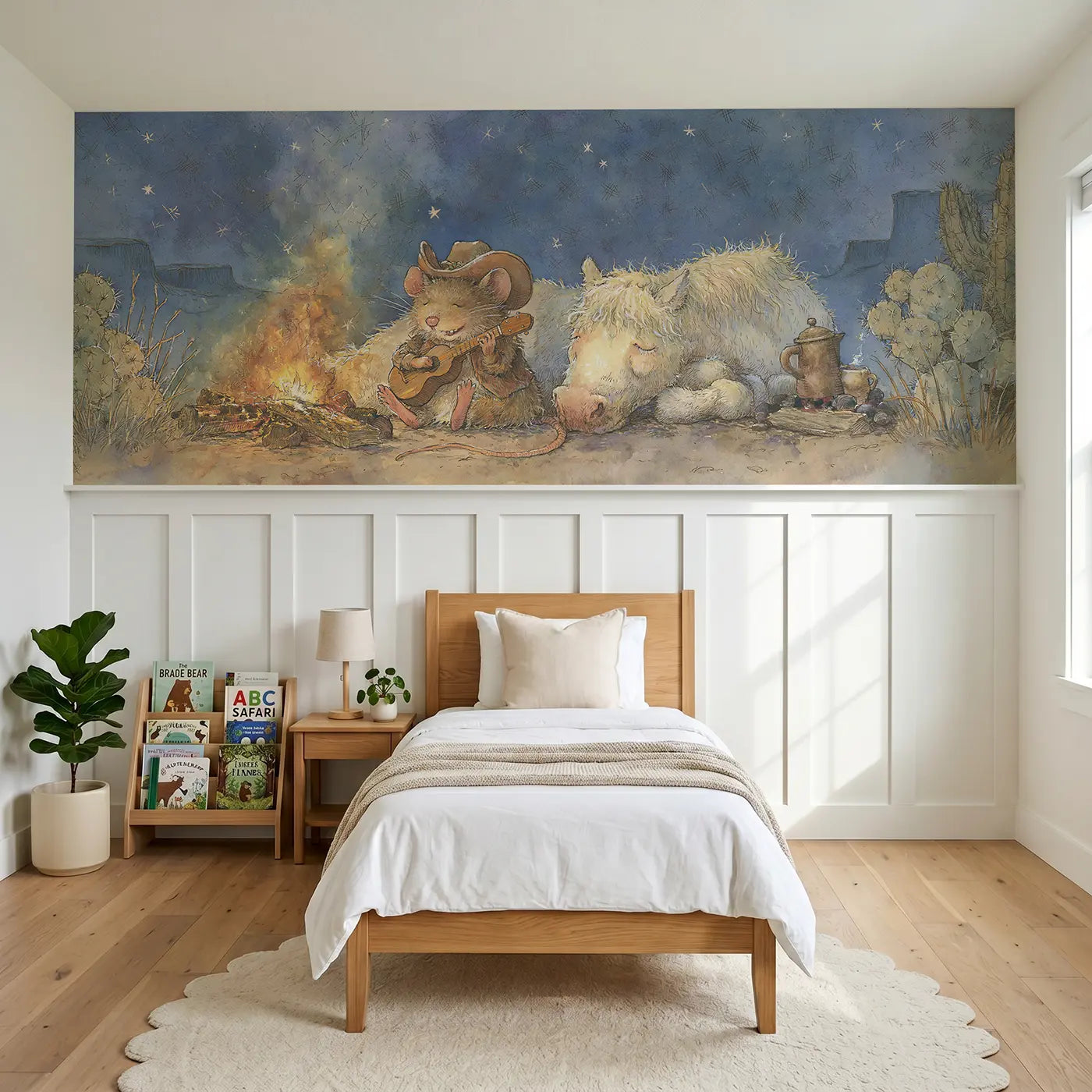 Storybook cowboy mouse campfire night wainscoting wallpaper for bedroom by Whimsy Tots