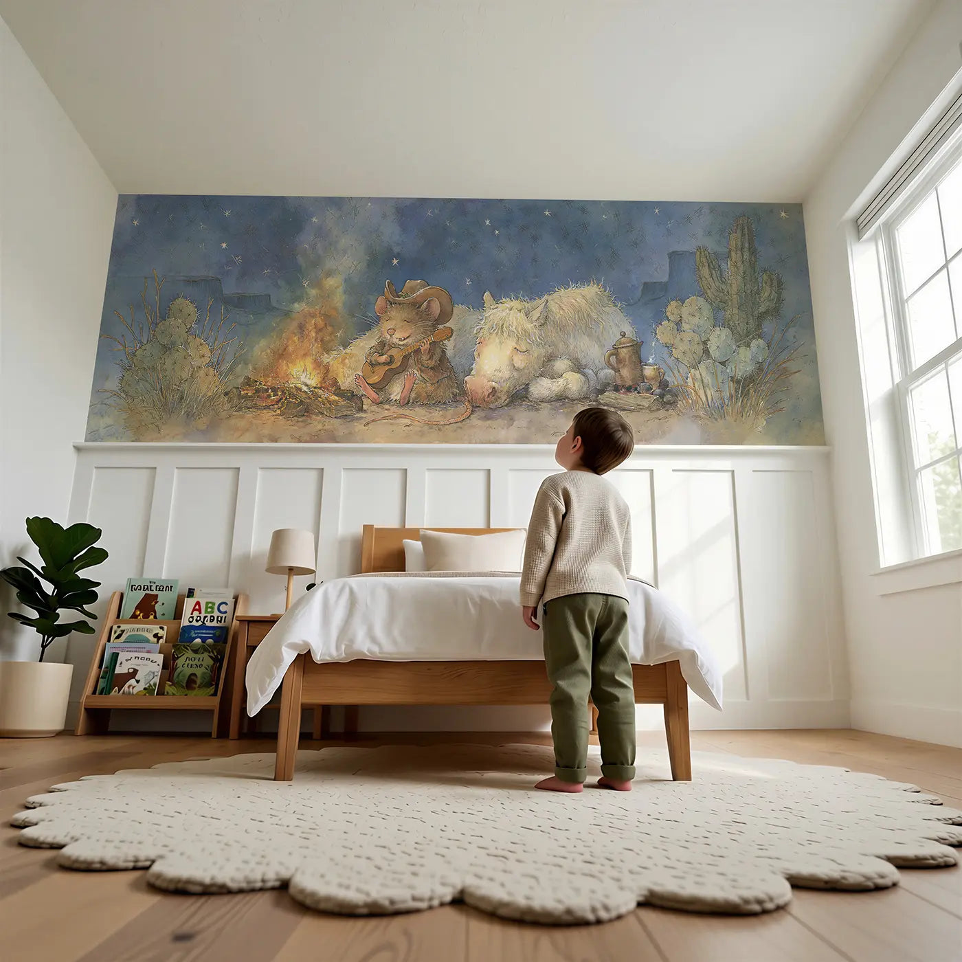 Child reading near Cowboy Mouse Campfire Night Wainscoting Wallpaper by Whimsy Tots
