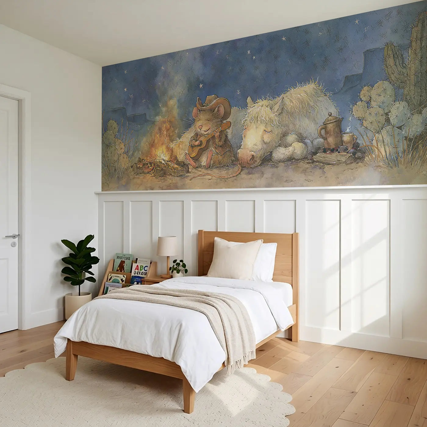 Cowboy Mouse Campfire Night Wainscoting Wallpaper styled in a kids bedroom by Whimsy Tots