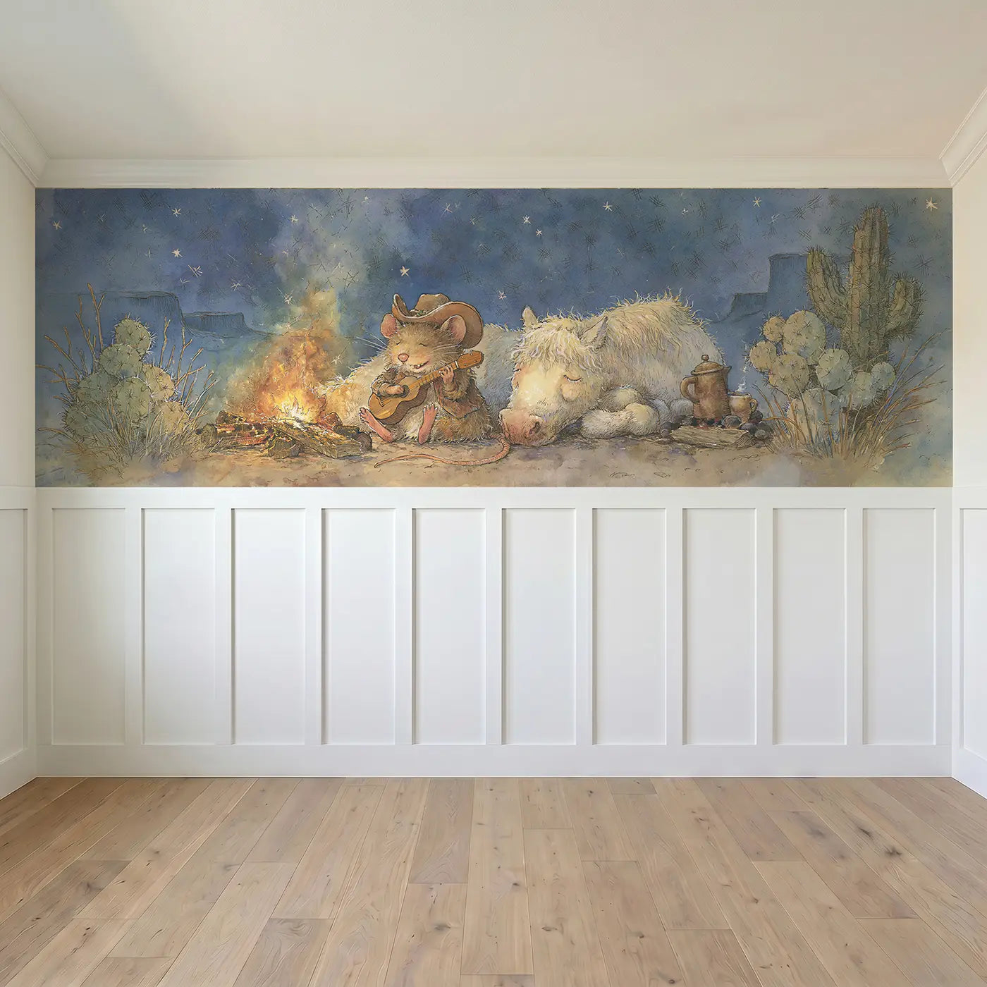 Full panel view of Cowboy Mouse Campfire Night Wainscoting Wallpaper by Whimsy Tots