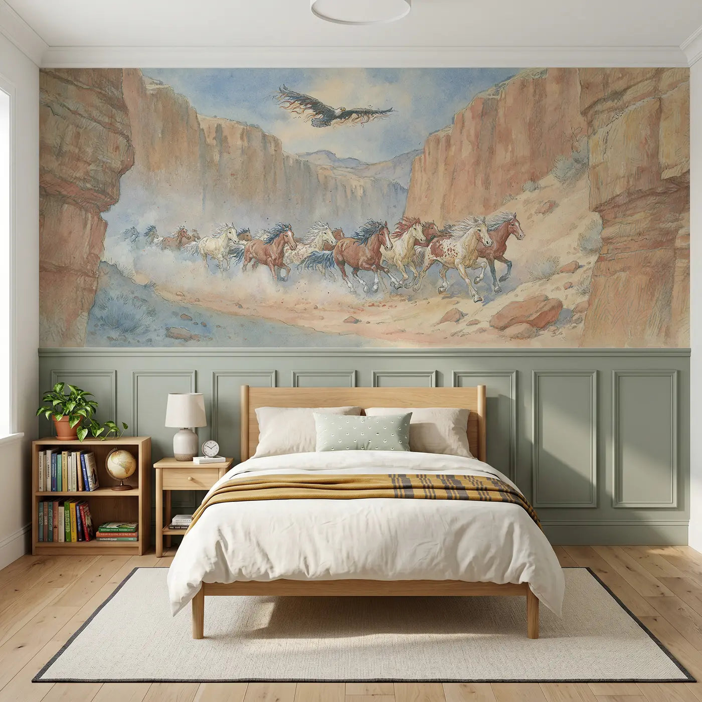 Storybook wild horse canyon run wainscoting wallpaper for bedroom by Whimsy Tots