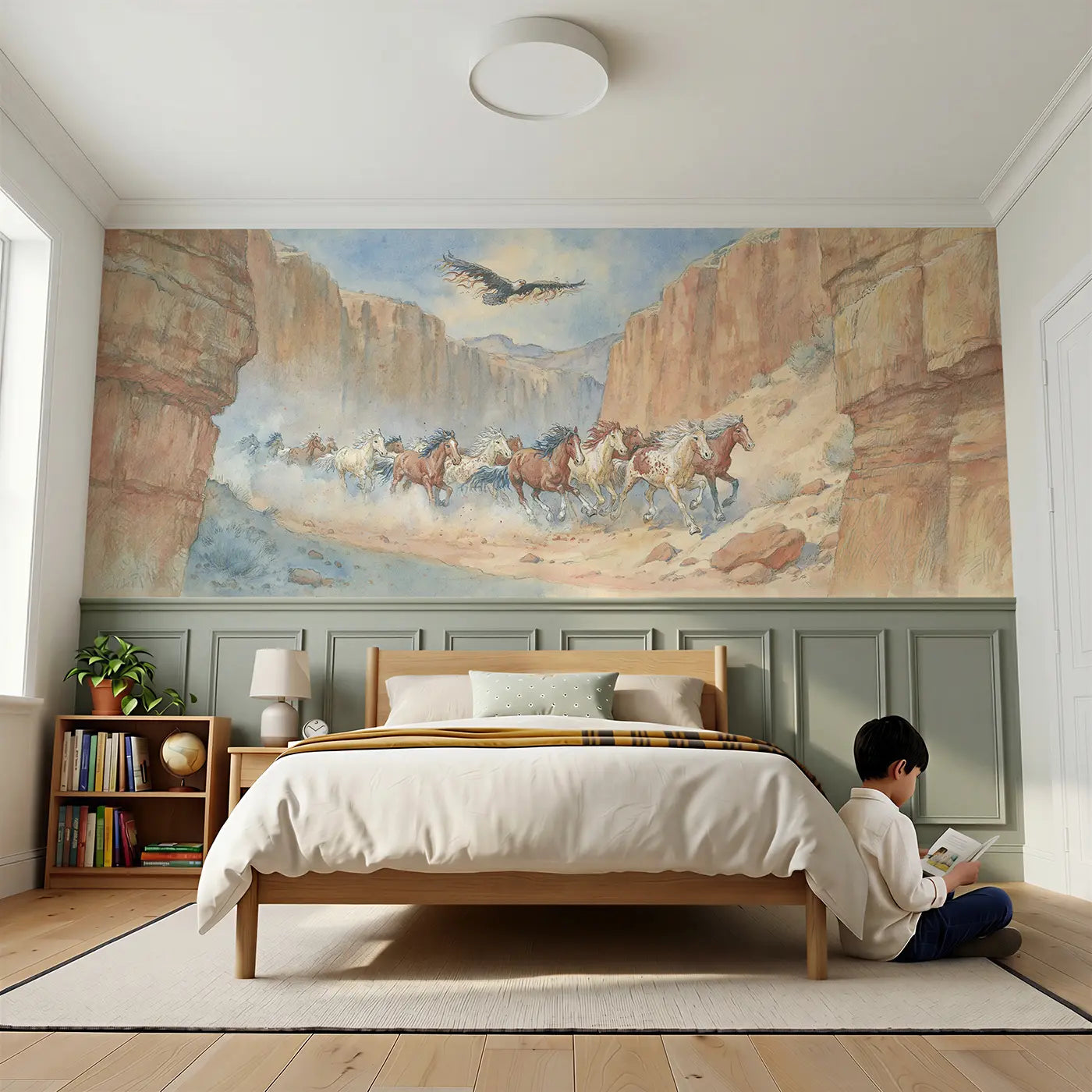Child reading near Wild Horse Canyon Run Wainscoting Wallpaper by Whimsy Tots