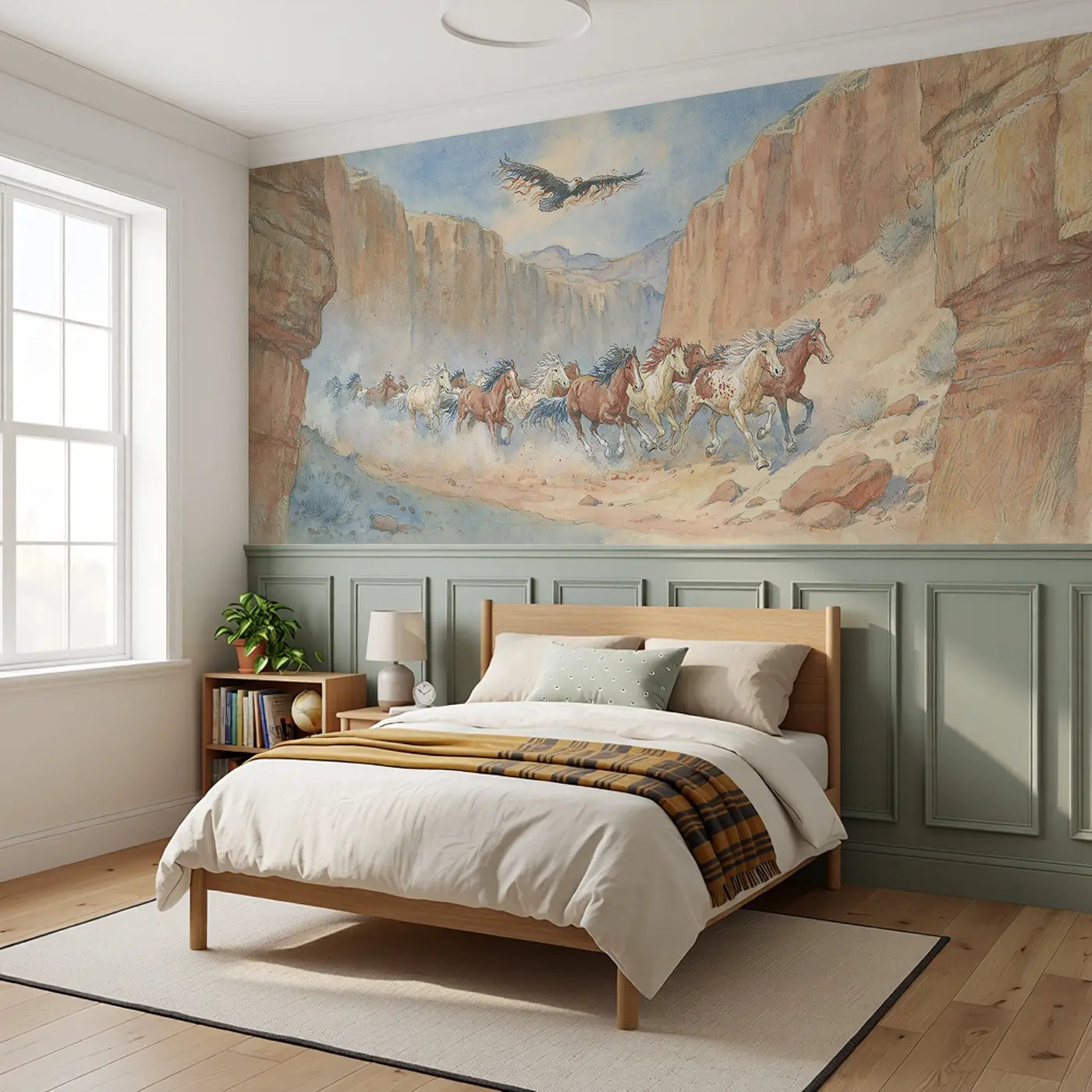Wild Horse Canyon Run Wainscoting Wallpaper styled in a kids bedroom by Whimsy Tots