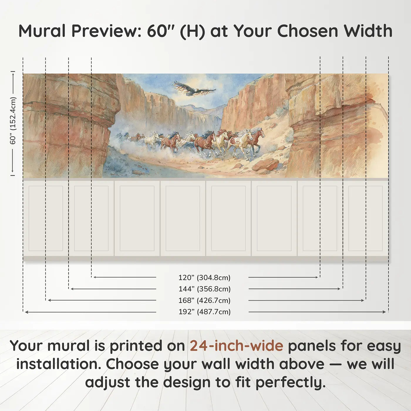 Panel dimensions for Wild Horse Canyon Run Wainscoting Wallpaper by Whimsy Tots