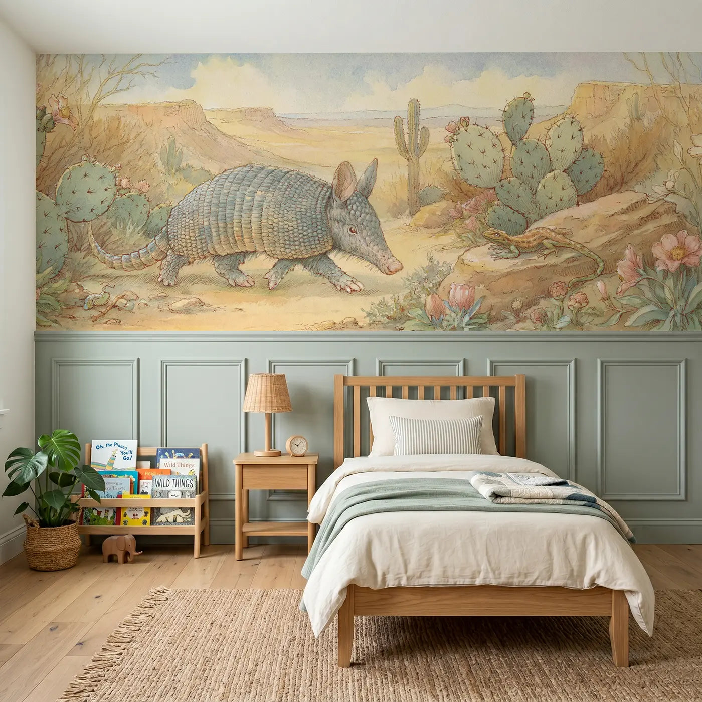 Storybook armadillo desert path walk wainscoting wallpaper for bedroom by Whimsy Tots