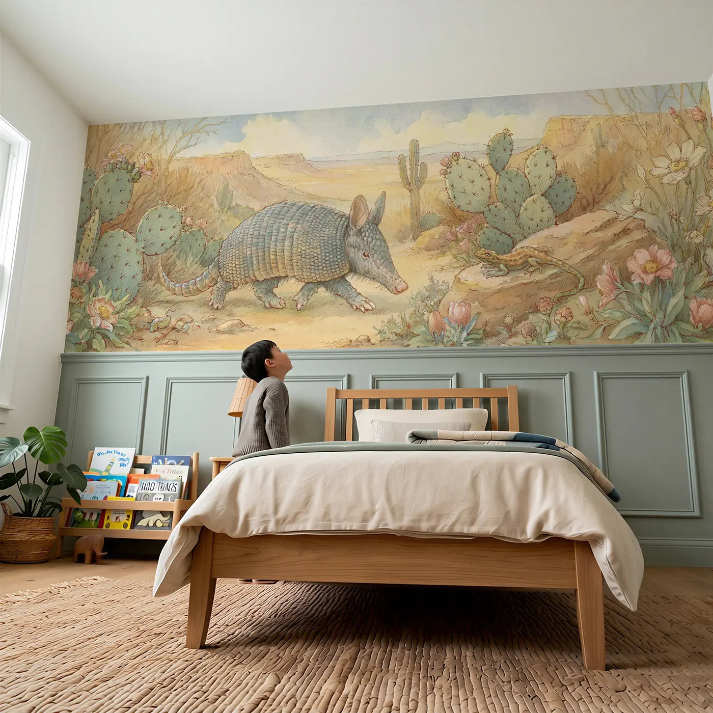Child reading near Armadillo Desert Path Walk Wainscoting Wallpaper by Whimsy Tots