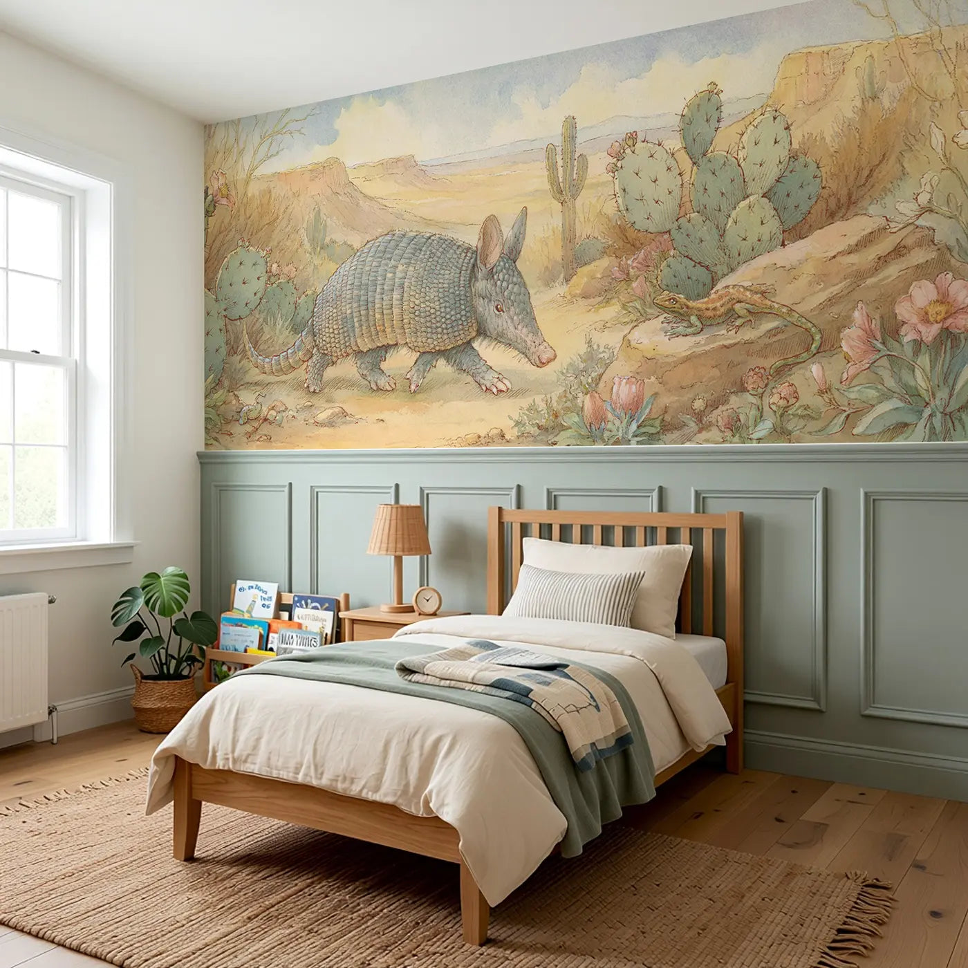 Armadillo Desert Path Walk Wainscoting Wallpaper styled in a kids bedroom by Whimsy Tots