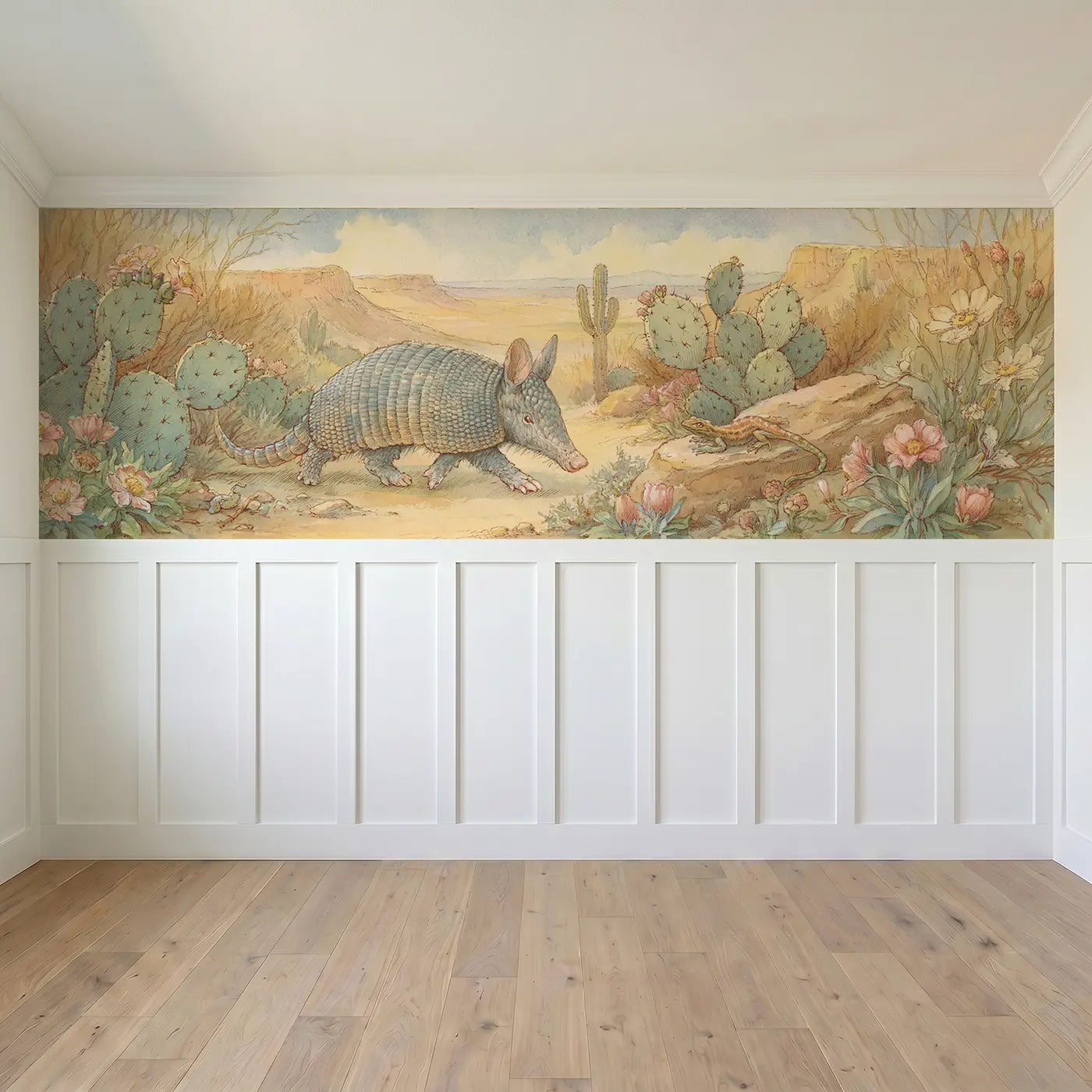Full panel view of Armadillo Desert Path Walk Wainscoting Wallpaper by Whimsy Tots