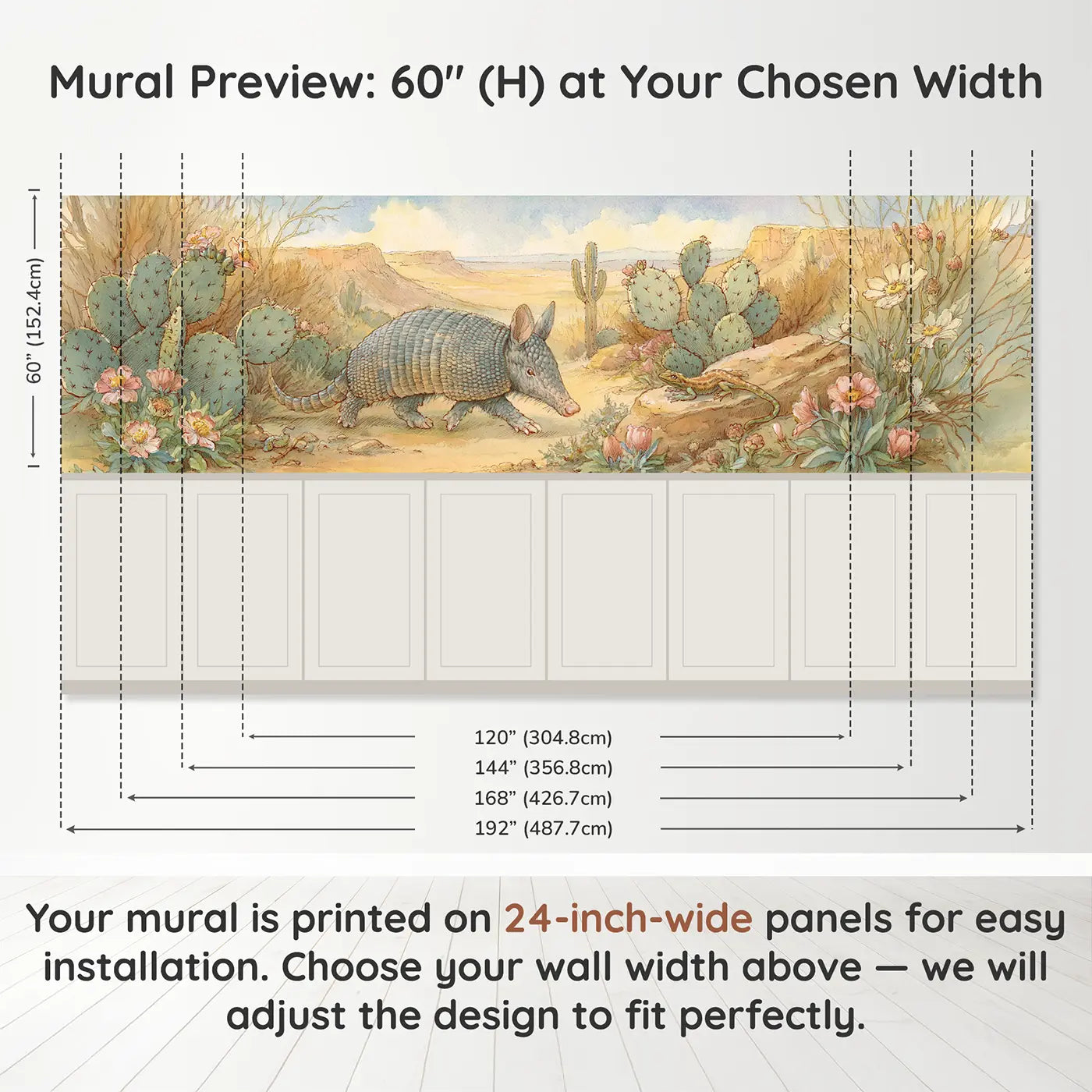 Panel dimensions for Armadillo Desert Path Walk Wainscoting Wallpaper by Whimsy Tots