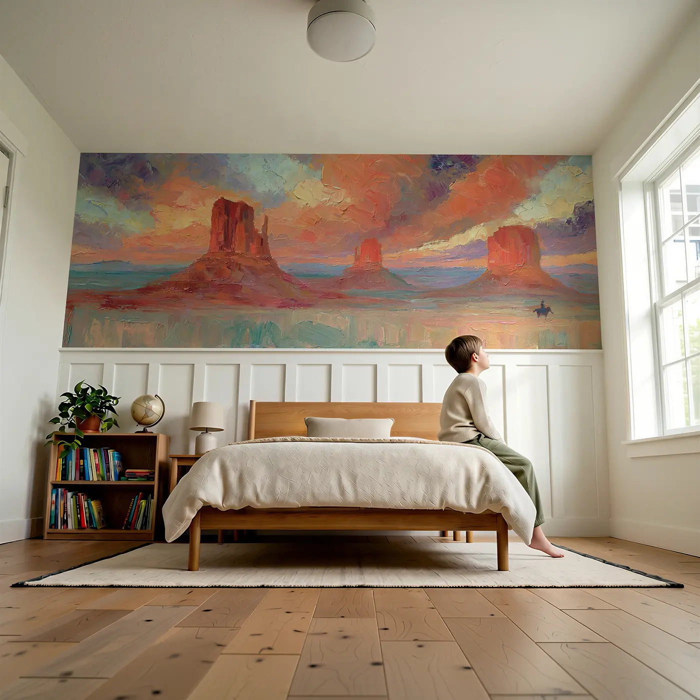 Child reading near Monument Valley Sunset Oil Wainscoting Wallpaper by Whimsy Tots