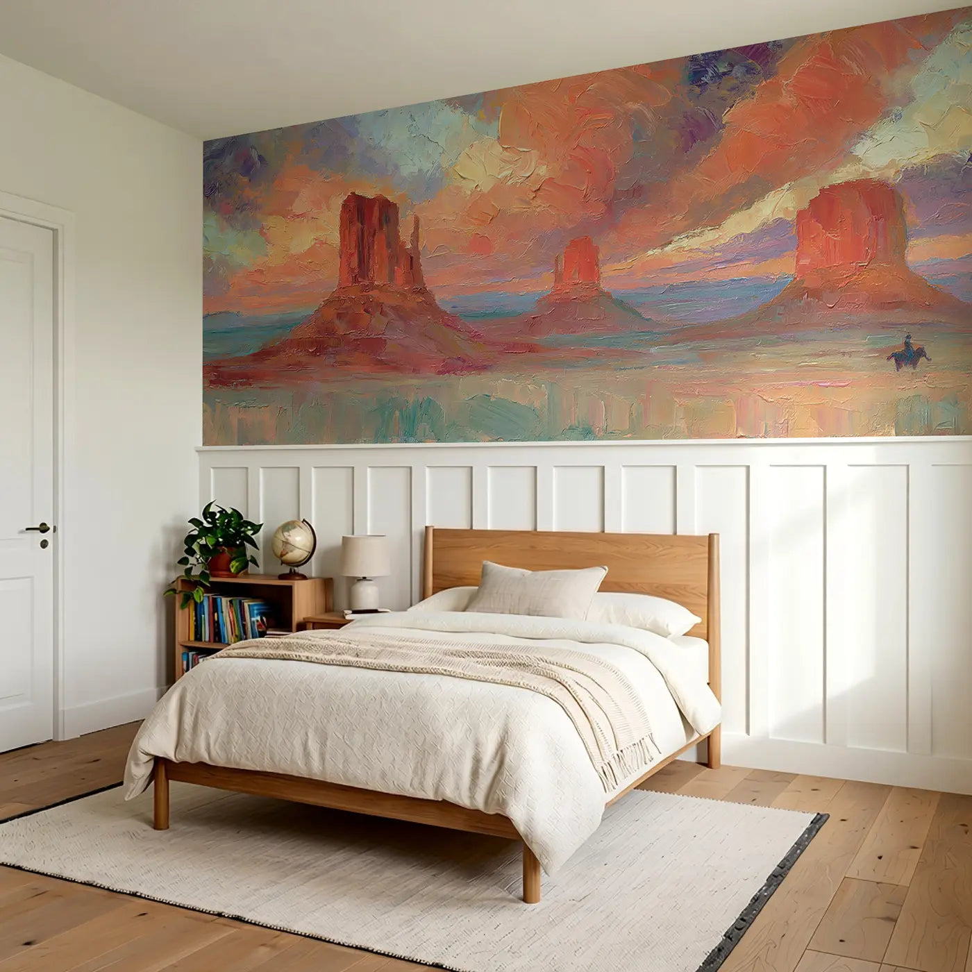 Monument Valley Sunset Oil Wainscoting Wallpaper styled in a kids bedroom by Whimsy Tots