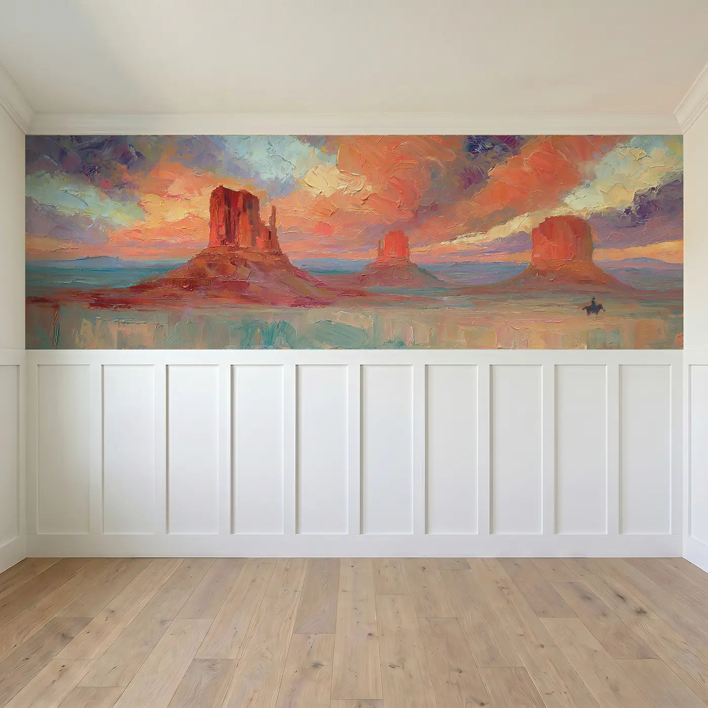 Full panel view of Monument Valley Sunset Oil Wainscoting Wallpaper by Whimsy Tots
