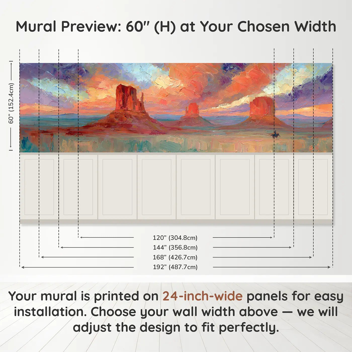 Panel dimensions for Monument Valley Sunset Oil Wainscoting Wallpaper by Whimsy Tots