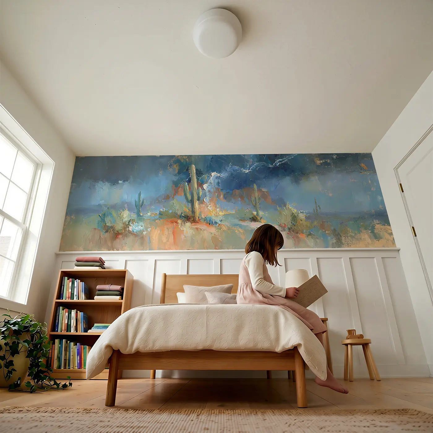 Child reading near Desert Storm Lightning Oil Wainscoting Wallpaper by Whimsy Tots