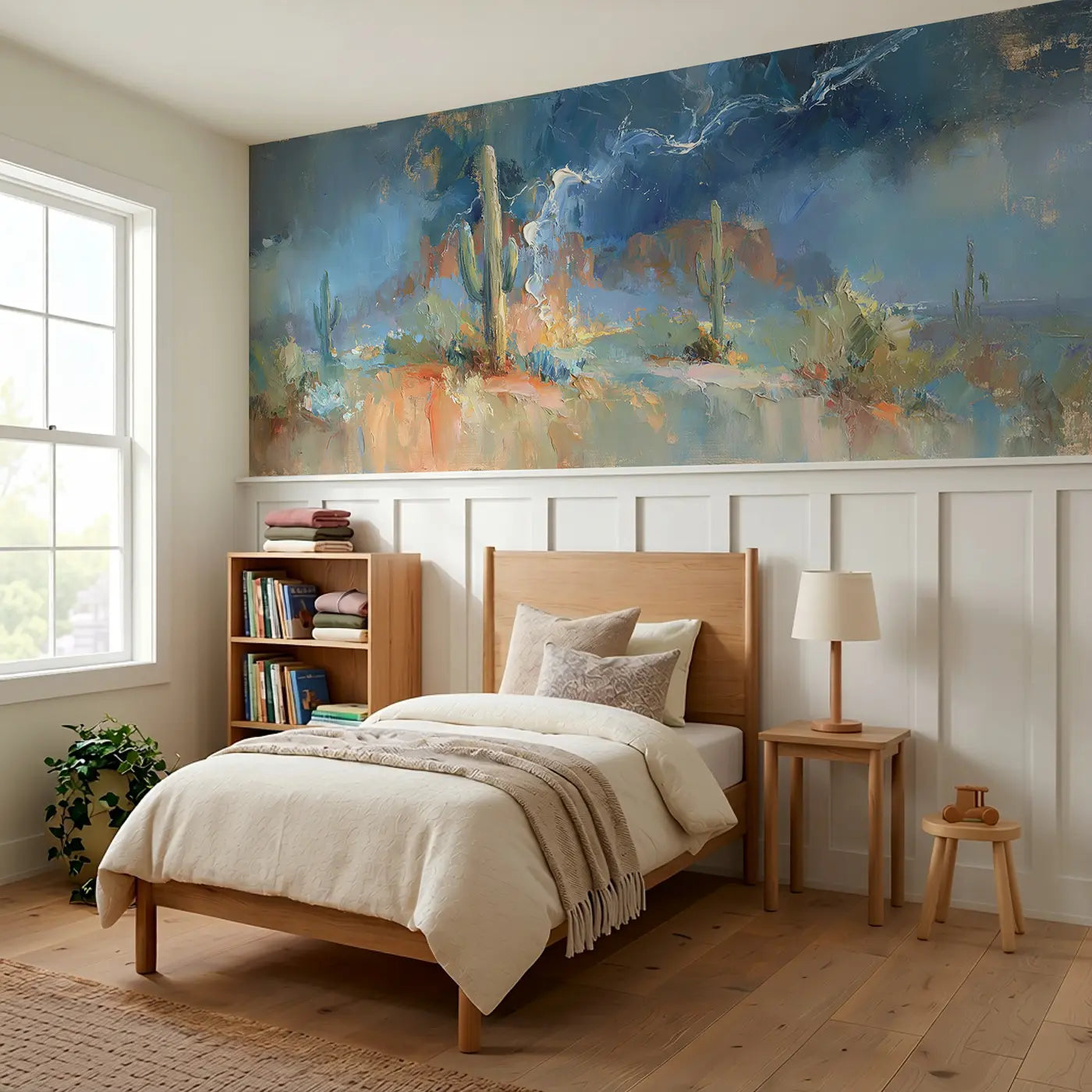 Desert Storm Lightning Oil Wainscoting Wallpaper styled in a kids bedroom by Whimsy Tots