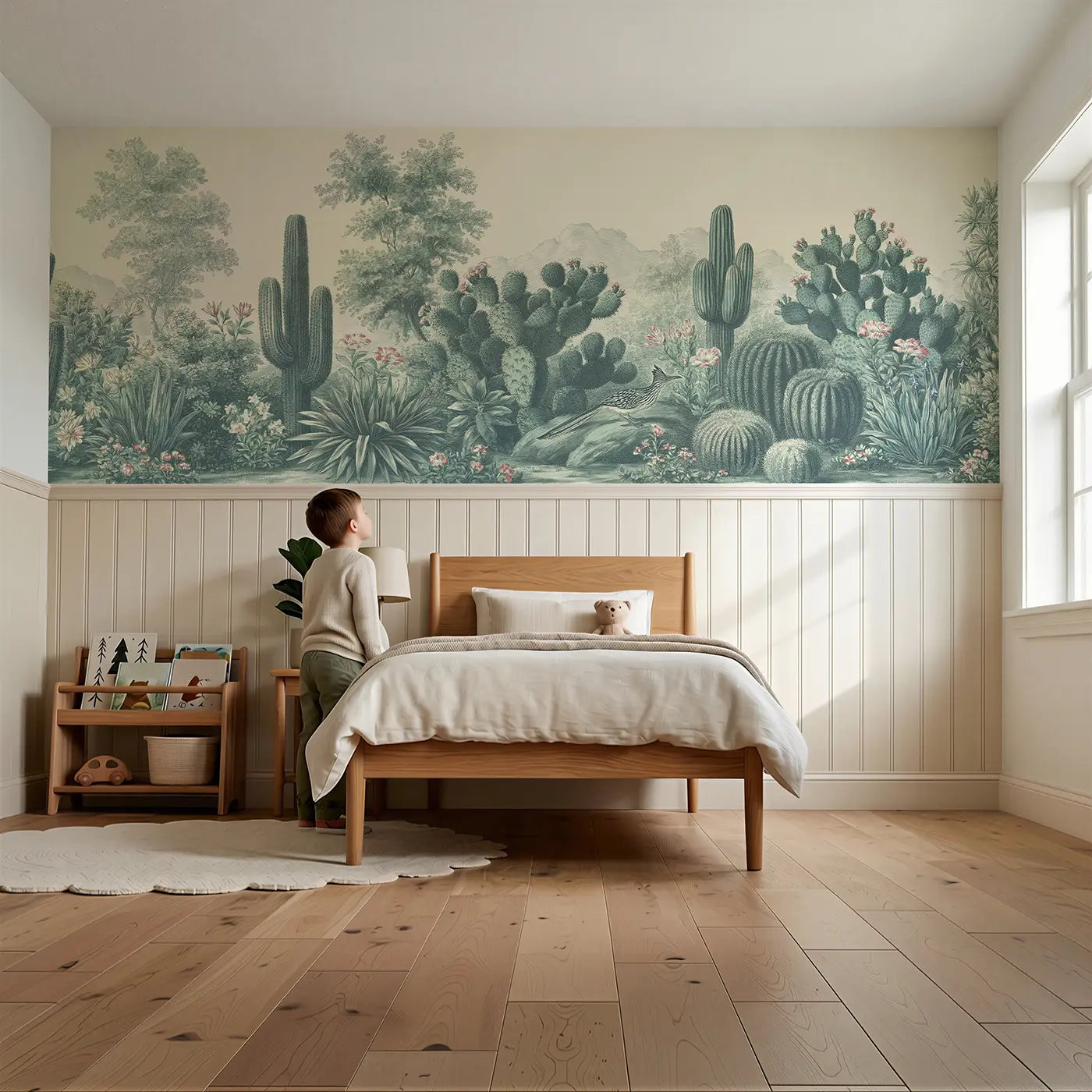 Child reading near Cactus Botanical Desert Toile Wainscoting Wallpaper by Whimsy Tots