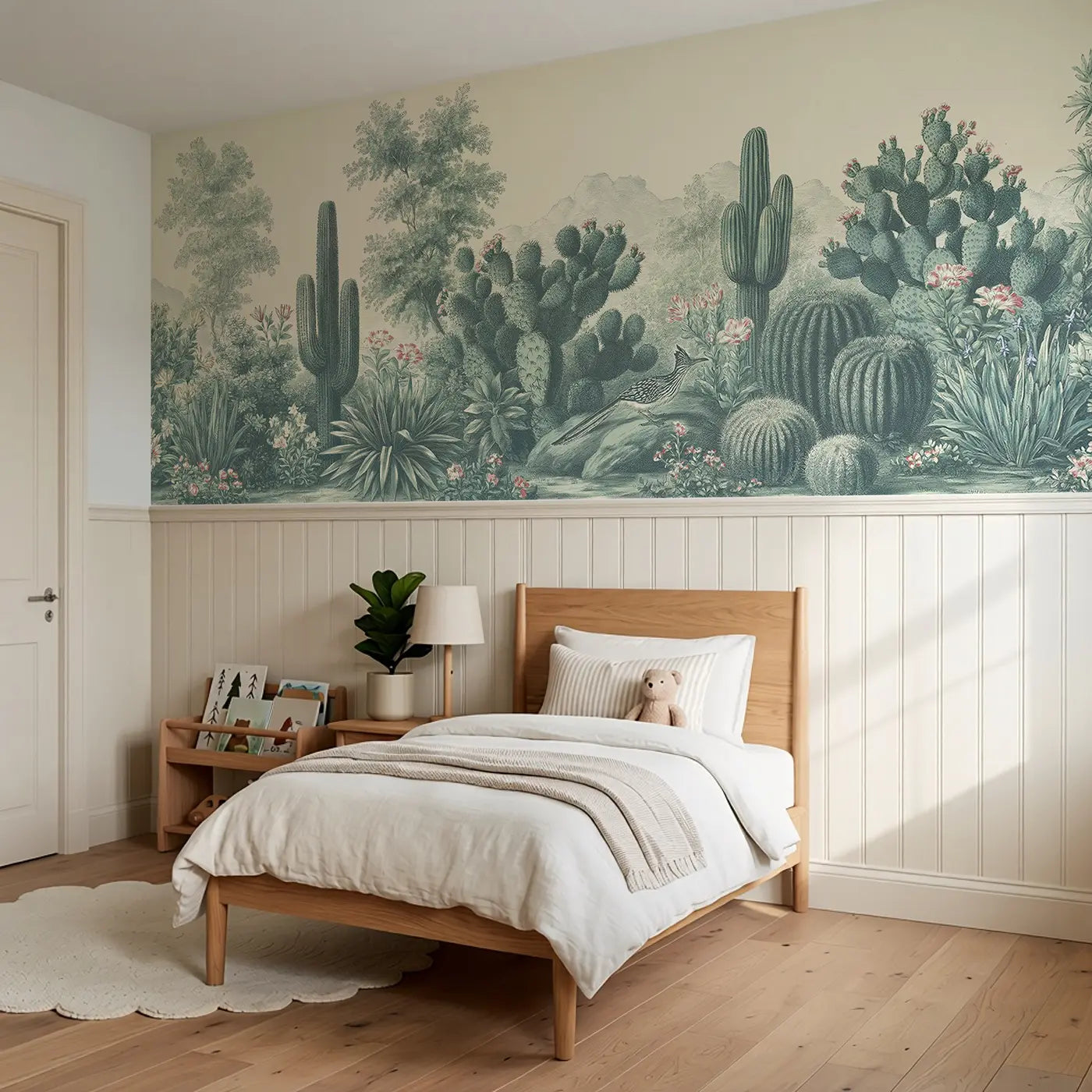 Cactus Botanical Desert Toile Wainscoting Wallpaper styled in a kids bedroom by Whimsy Tots