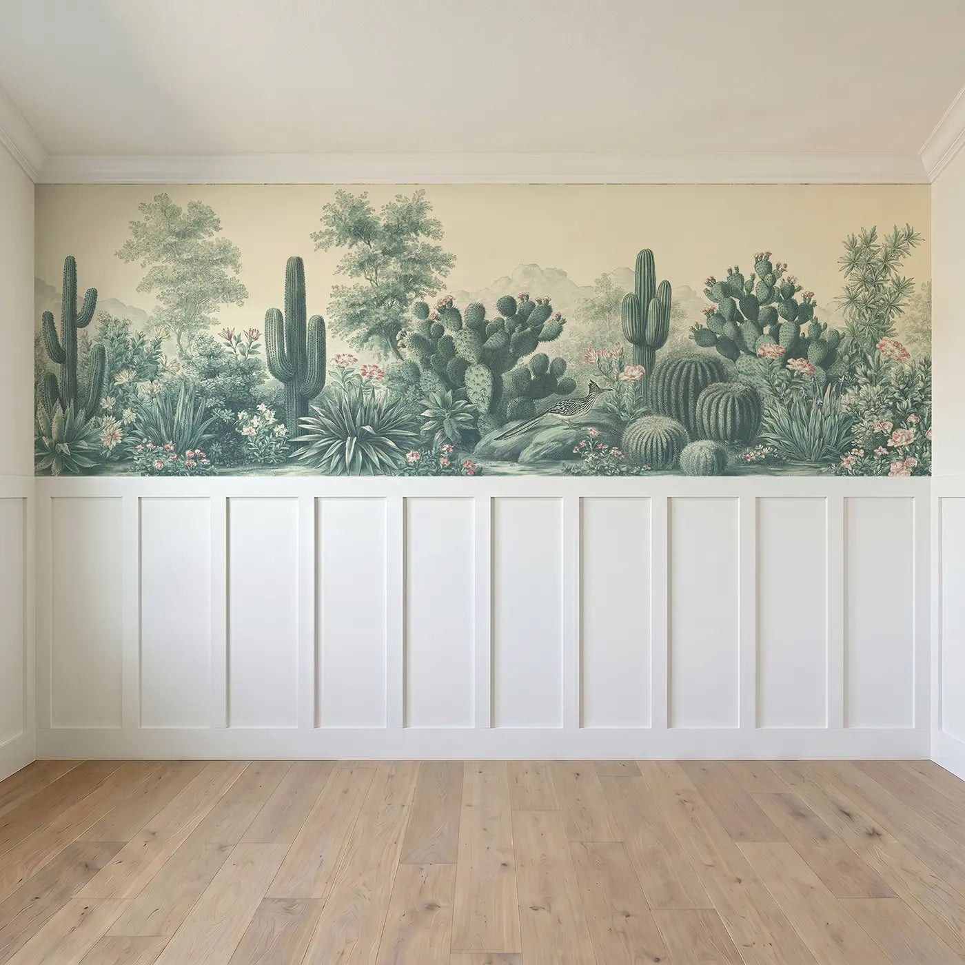 Full panel view of Cactus Botanical Desert Toile Wainscoting Wallpaper by Whimsy Tots