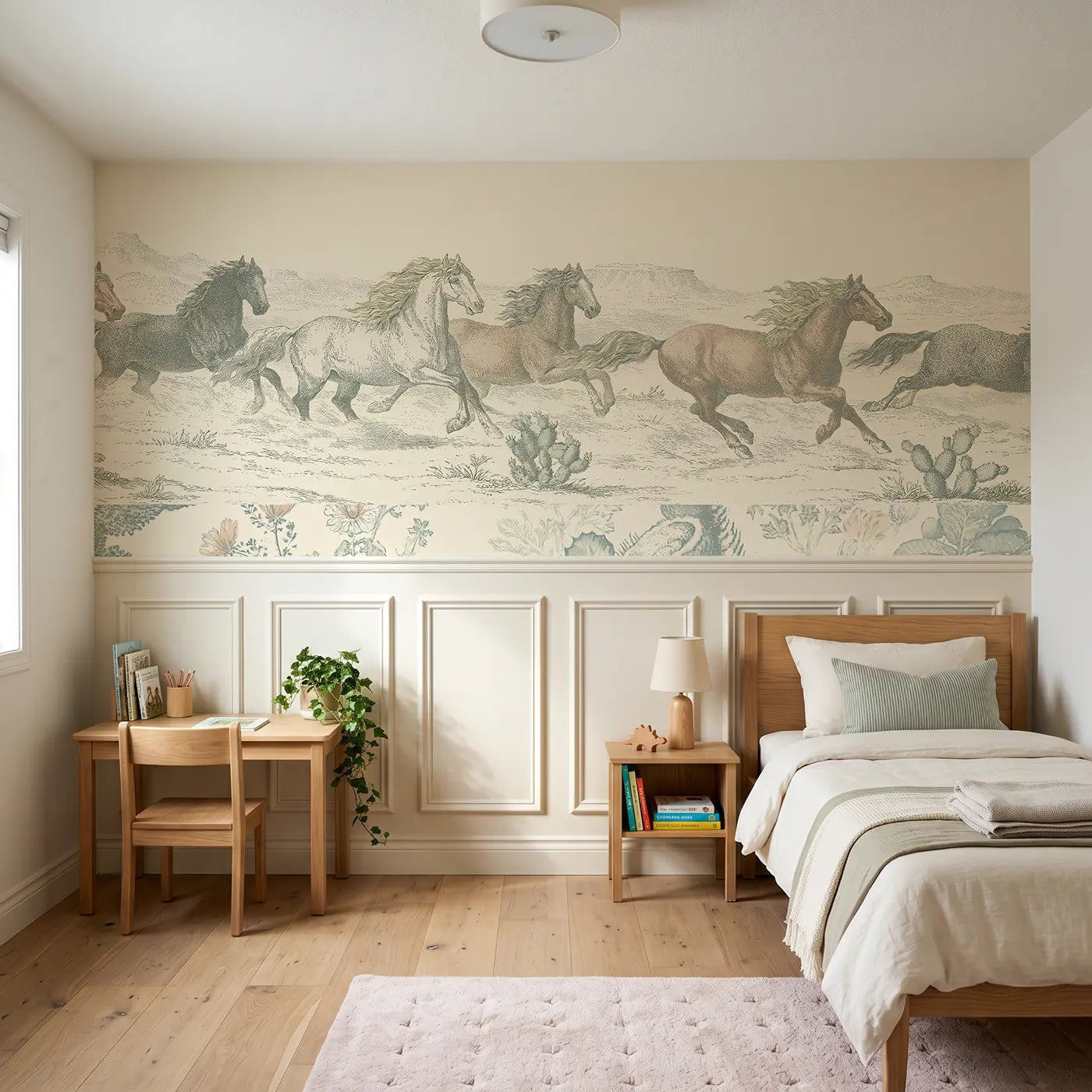 Botanical Elegance wild horse mesa toile wainscoting wallpaper for bedroom by Whimsy Tots