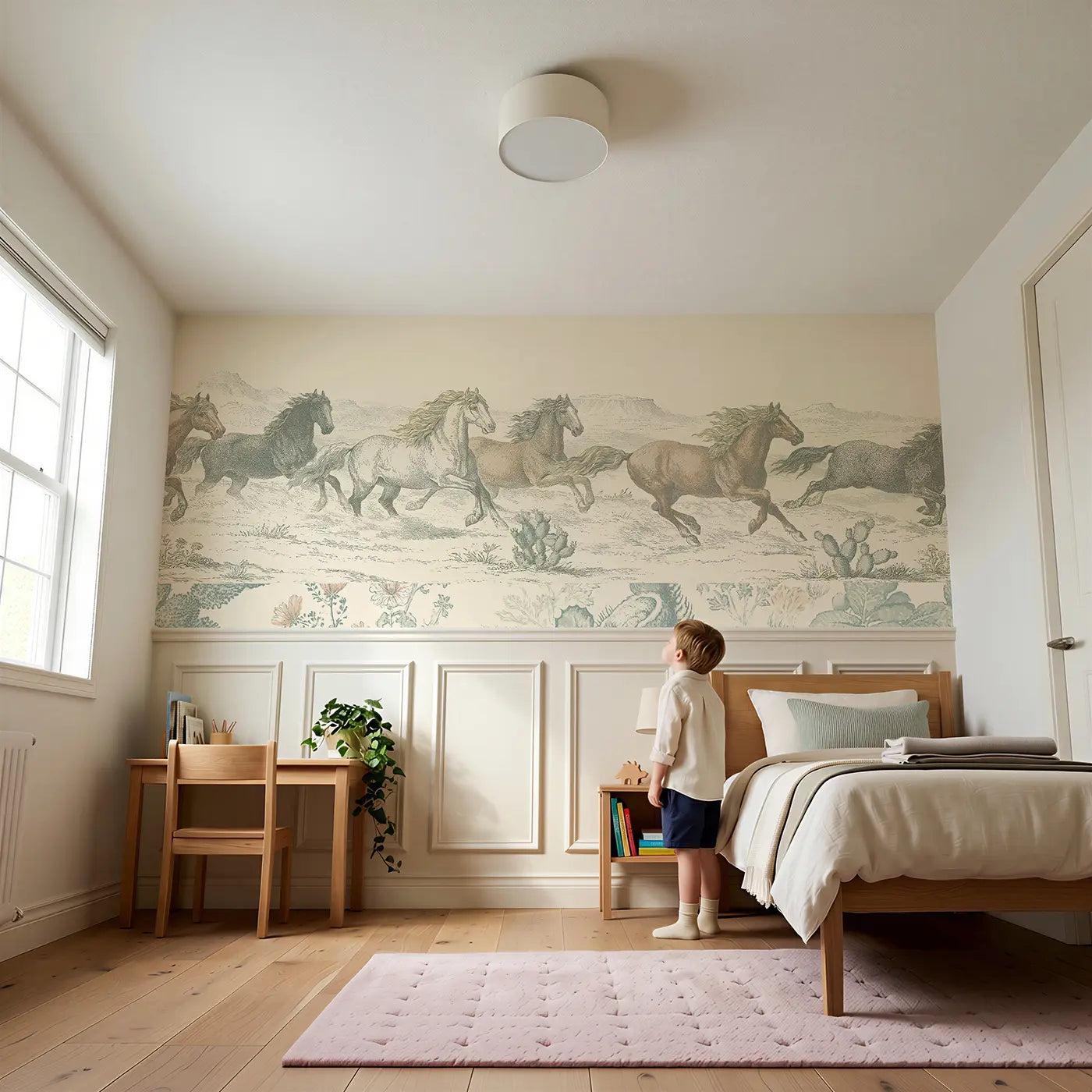 Child reading near Wild Horse Mesa Toile Wainscoting Wallpaper by Whimsy Tots