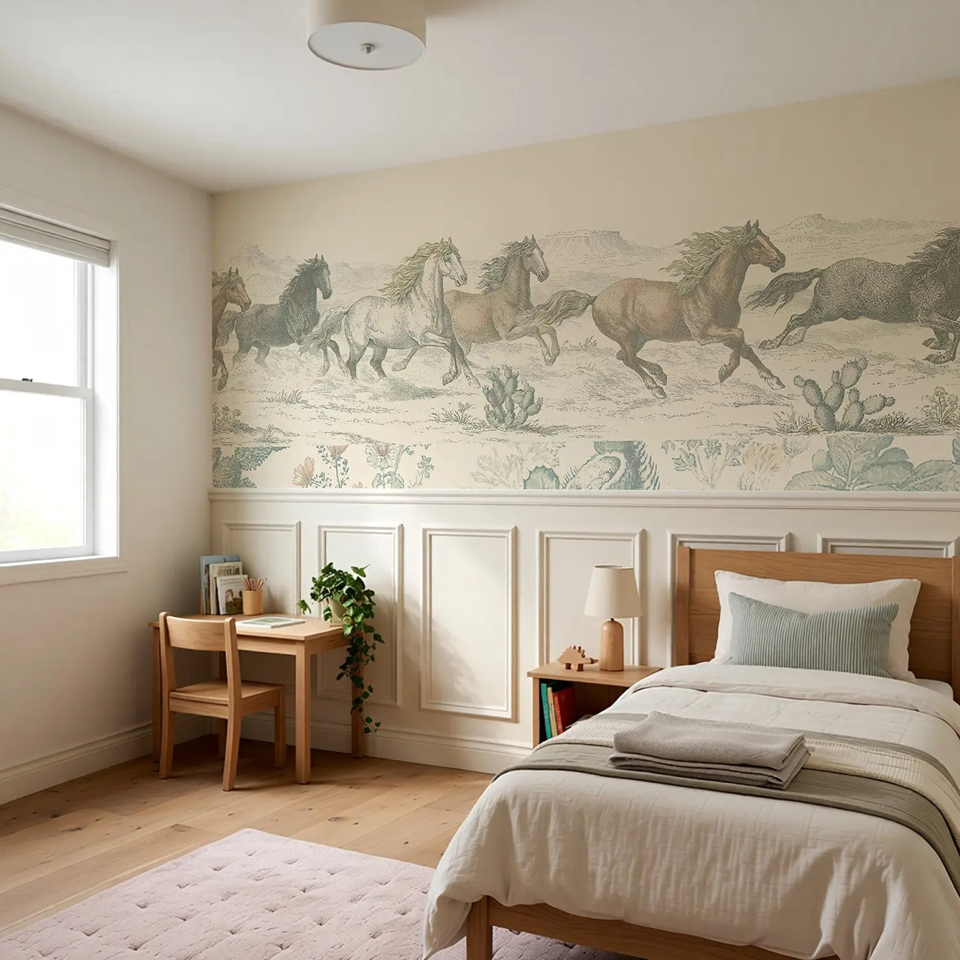 Wild Horse Mesa Toile Wainscoting Wallpaper styled in a kids bedroom by Whimsy Tots