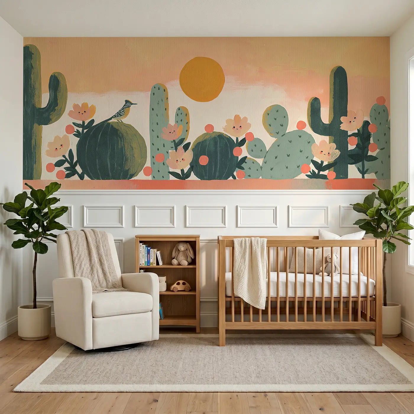Modern Illustration graphic cactus desert row wainscoting wallpaper for nursery by Whimsy Tots