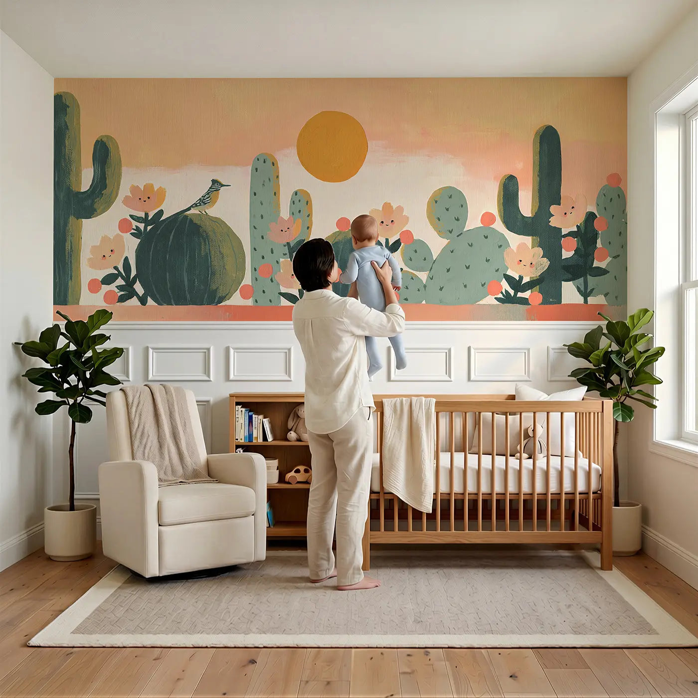 Child reading near Graphic Cactus Desert Row Wainscoting Wallpaper by Whimsy Tots