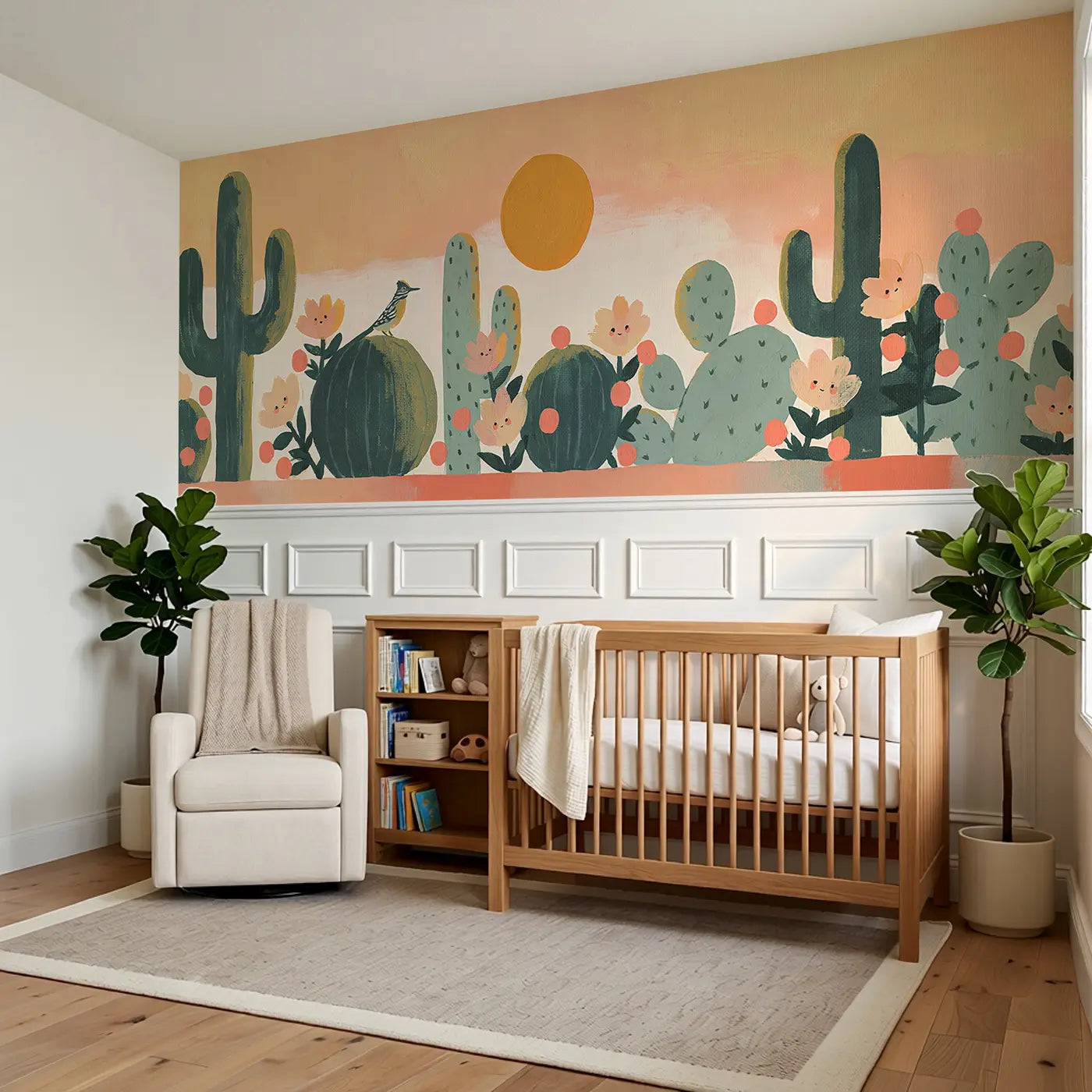 Graphic Cactus Desert Row Wainscoting Wallpaper styled in a kids bedroom by Whimsy Tots