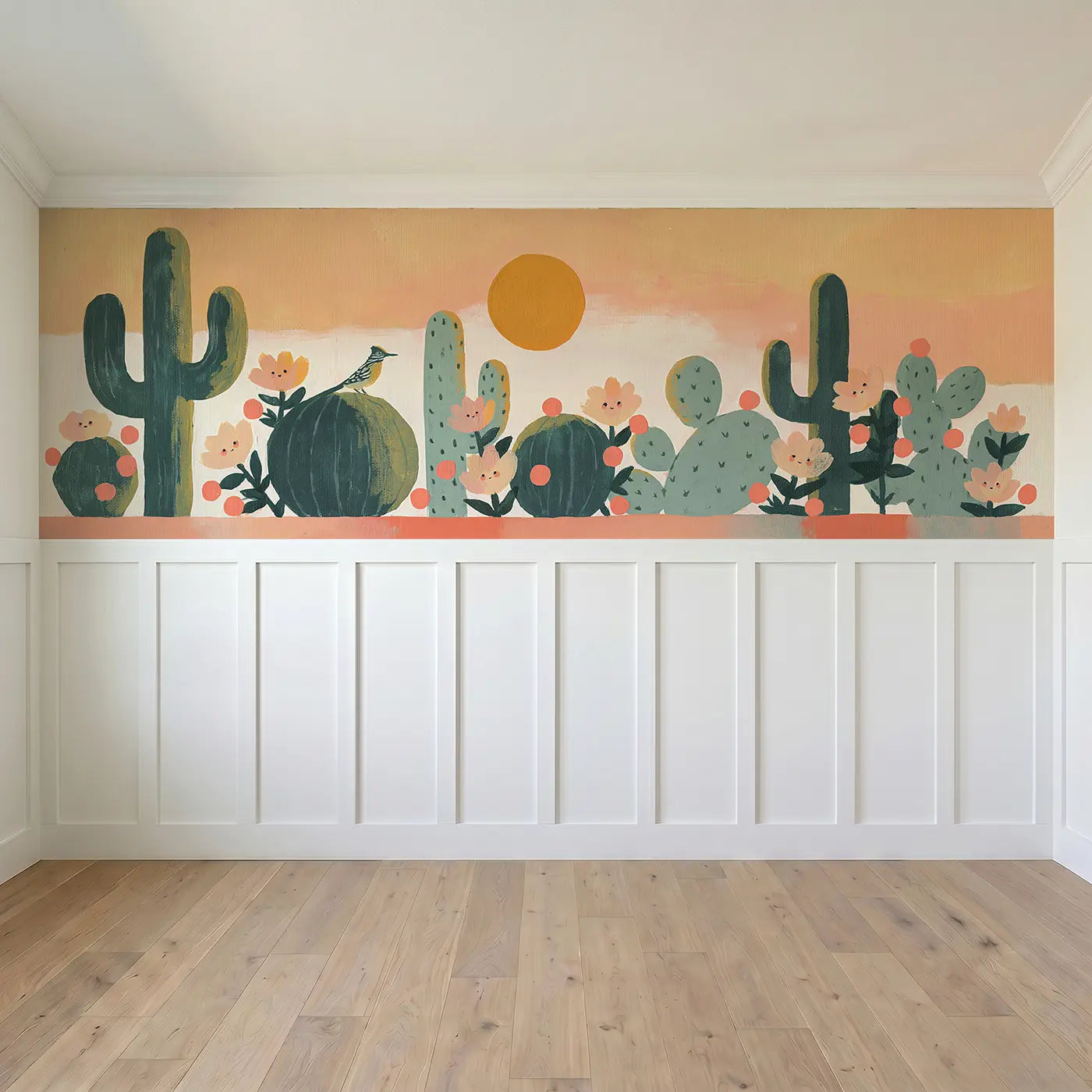 Full panel view of Graphic Cactus Desert Row Wainscoting Wallpaper by Whimsy Tots