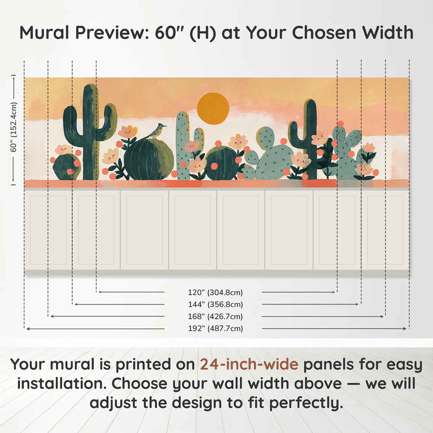 Panel dimensions for Graphic Cactus Desert Row Wainscoting Wallpaper by Whimsy Tots