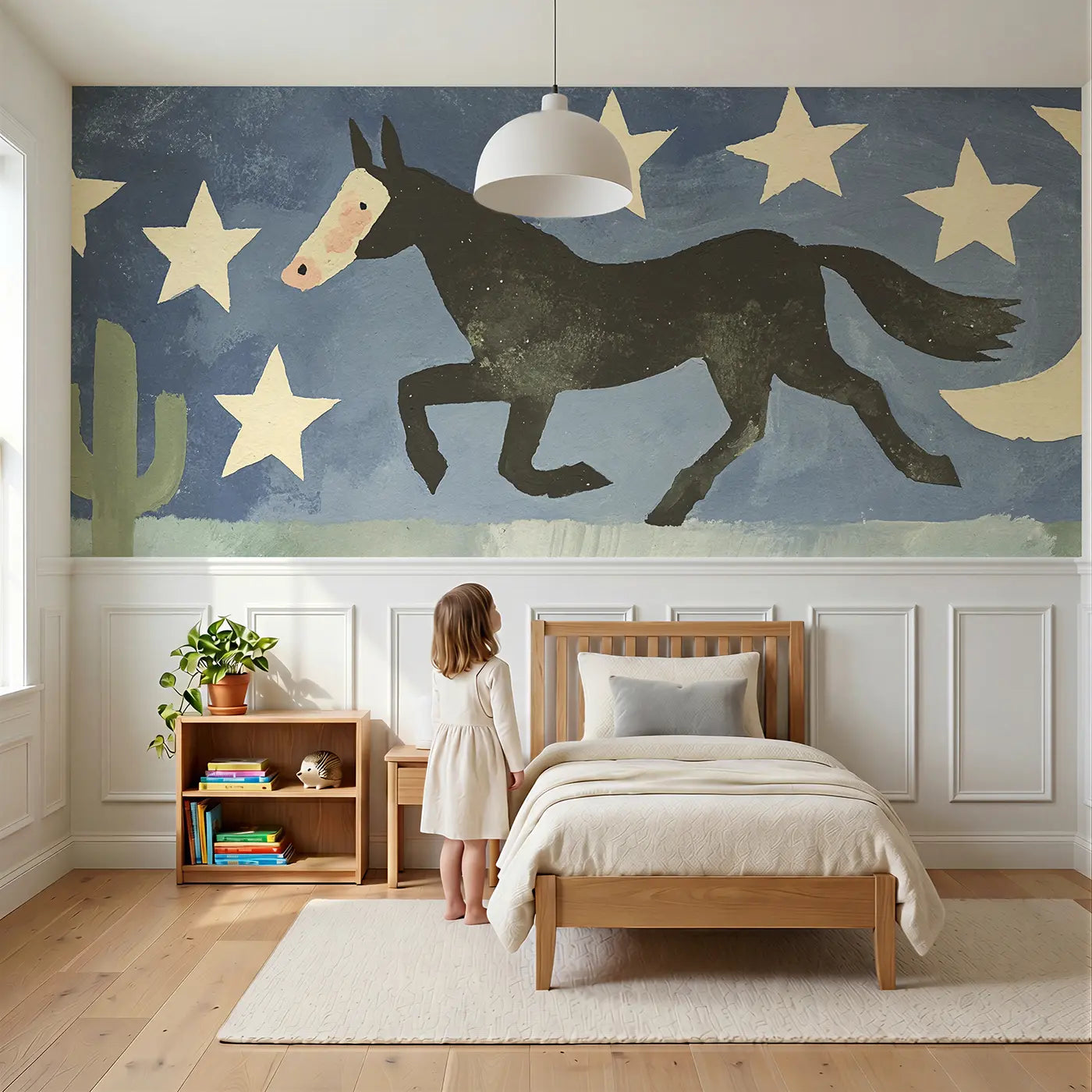 Child reading near Bold Western Horse Star Wainscoting Wallpaper by Whimsy Tots