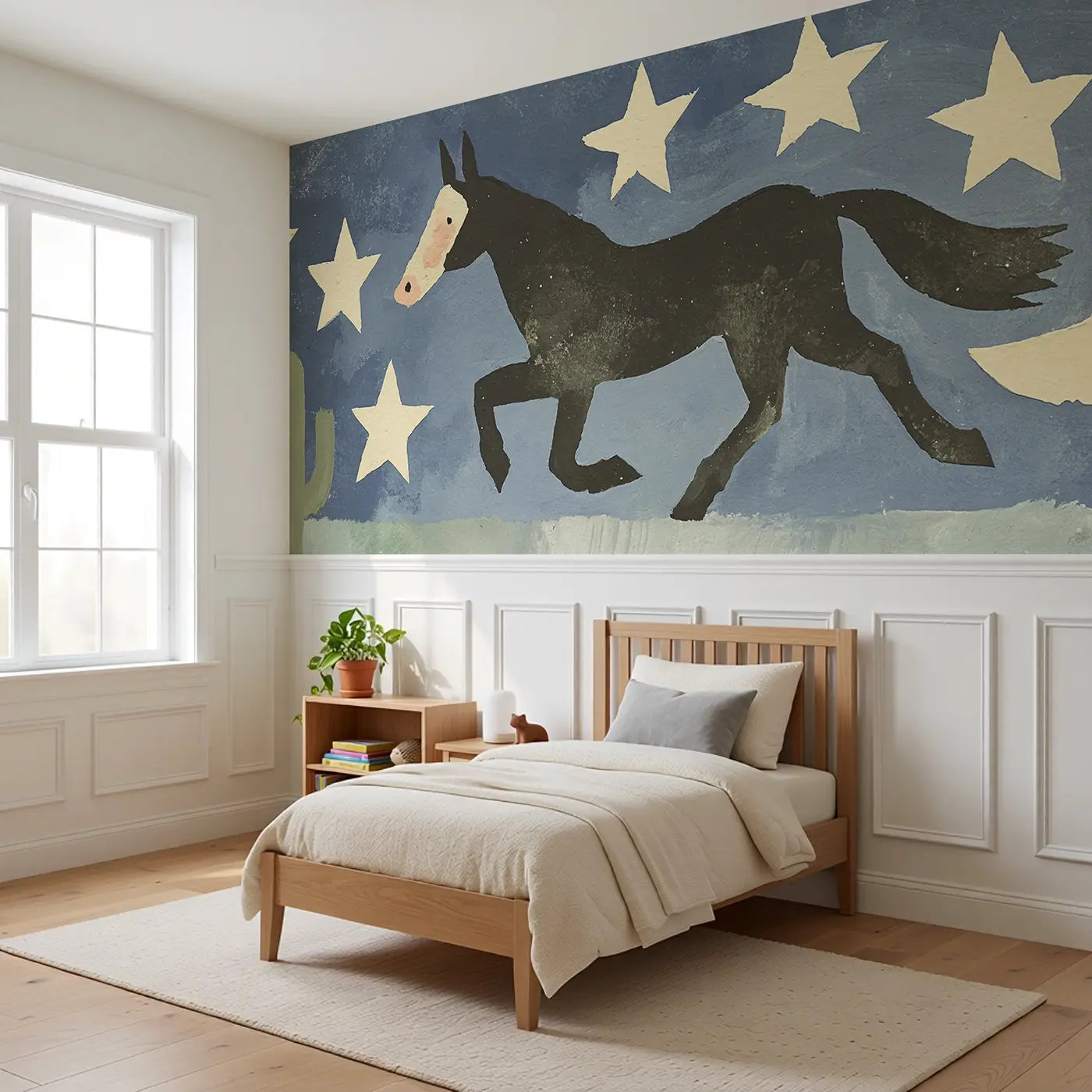 Bold Western Horse Star Wainscoting Wallpaper styled in a kids bedroom by Whimsy Tots