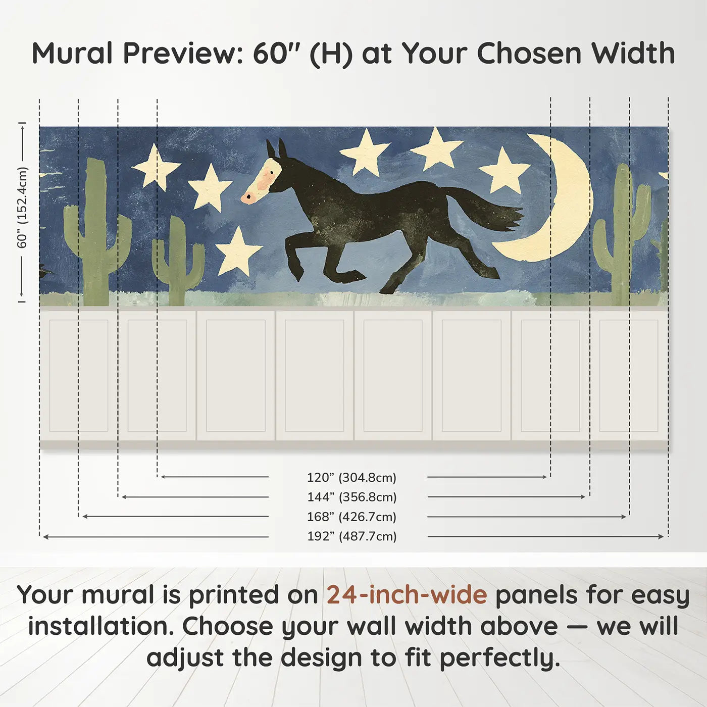 Panel dimensions for Bold Western Horse Star Wainscoting Wallpaper by Whimsy Tots