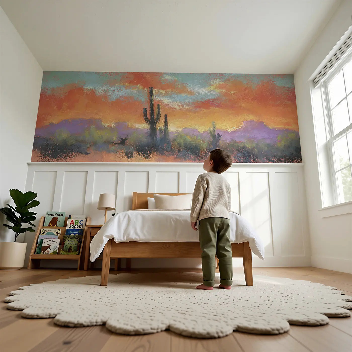Child reading near Chalk Desert Sunset Soft Wainscoting Wallpaper by Whimsy Tots