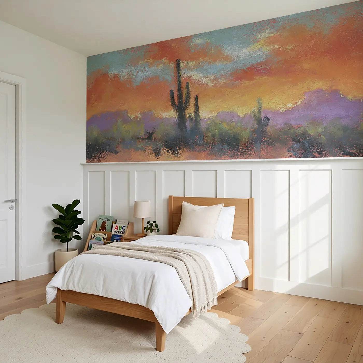 Chalk Desert Sunset Soft Wainscoting Wallpaper styled in a kids bedroom by Whimsy Tots