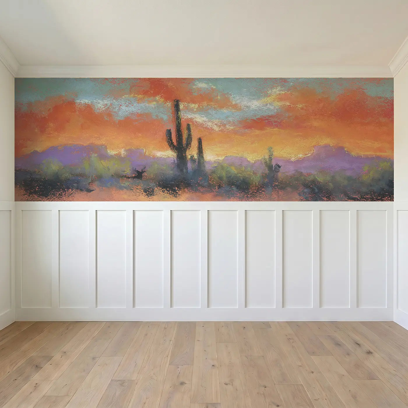 Full panel view of Chalk Desert Sunset Soft Wainscoting Wallpaper by Whimsy Tots