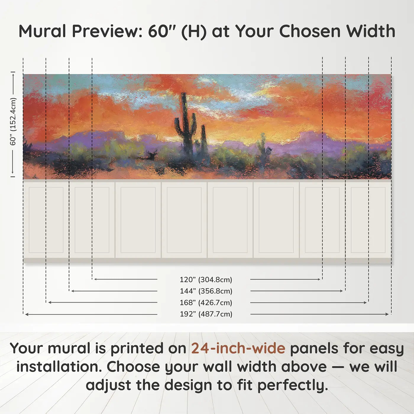 Panel dimensions for Chalk Desert Sunset Soft Wainscoting Wallpaper by Whimsy Tots