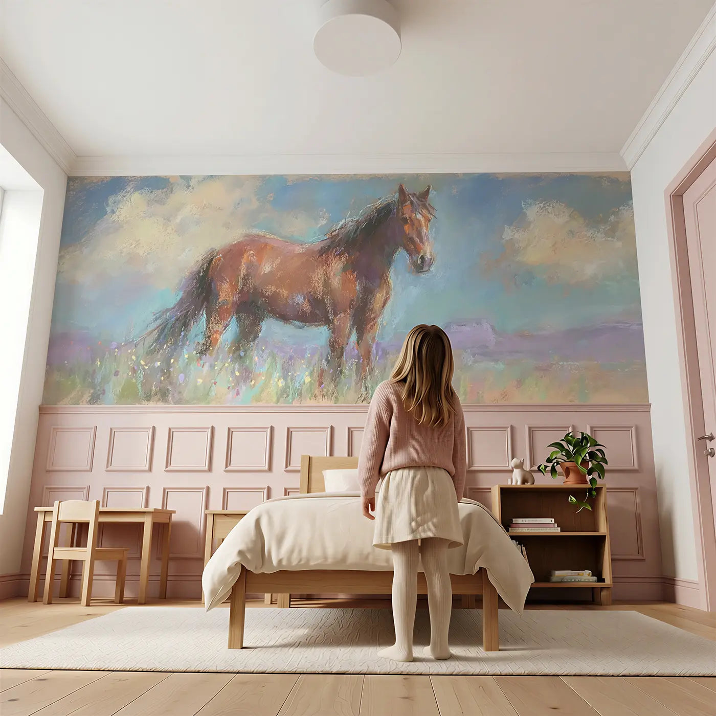 Child reading near Pastel Horse Prairie Gentle Wainscoting Wallpaper by Whimsy Tots