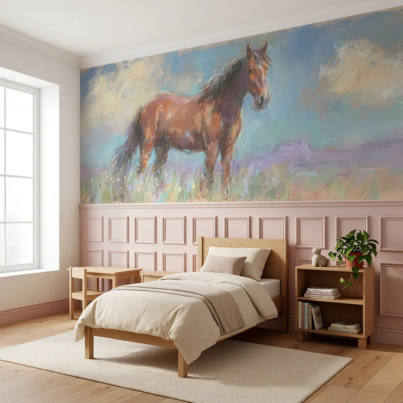Pastel Horse Prairie Gentle Wainscoting Wallpaper styled in a kids bedroom by Whimsy Tots